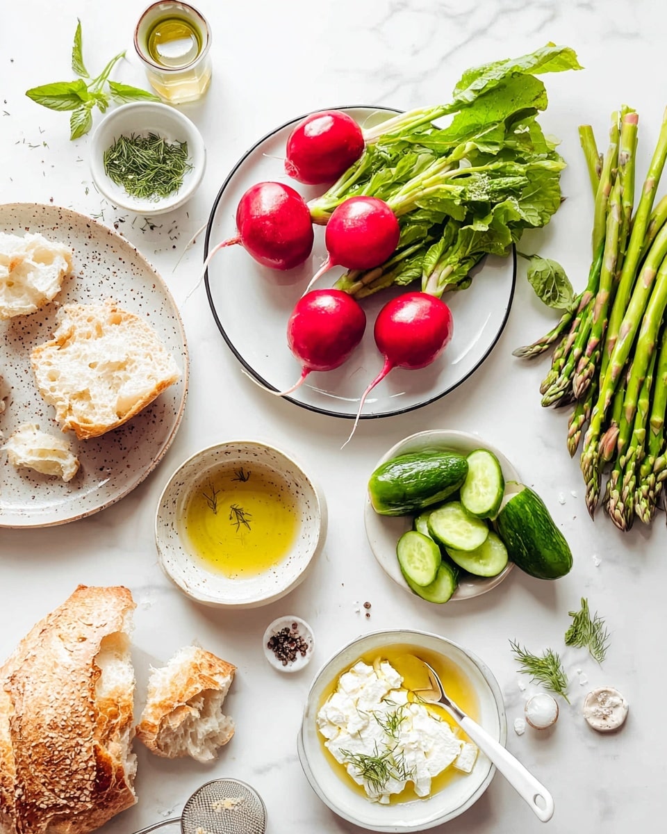 The image shows a bright and fresh arrangement of ingredients on a white marbled surface. In the center, there is a white plate with thin black trim holding five red radishes with green tops. To the right, a white plate holds green asparagus spears and three small cucumbers. Near the bottom, a round white bowl contains soft white crumbled cheese, and below it, a white bowl with a creamy yellow dressing with bits of seasoning and a white spoon inside. On the left side, there is torn bread on a white plate with speckled edges and a small cup of olive oil next to it. Fresh green leaves, some herbs on a small white dish, and two small spoons with salt and pepper complete the spread. photo taken with an iphone --ar 4:5 --v 7