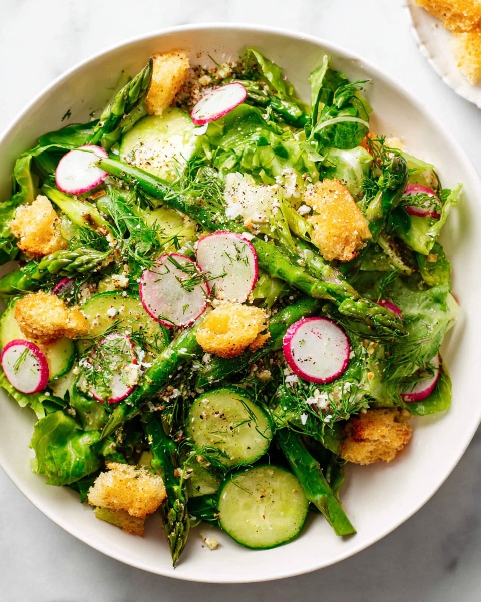 A white bowl filled with a fresh salad showing multiple layers: at the base there are mixed green leaves, topped with green asparagus spears laid in different directions, thinly sliced round cucumber pieces with a shiny texture, and thin radish slices with white centers and red edges scattered throughout. Around and on top are small golden-yellow croutons adding crunch, sprinkled with white crumbly cheese, small bits of red onion, and delicate green herbs evenly spread over the salad. The whole dish has a light sprinkle of black pepper and looks fresh and colorful on a white marbled surface, photo taken with an iphone --ar 4:5 --v 7