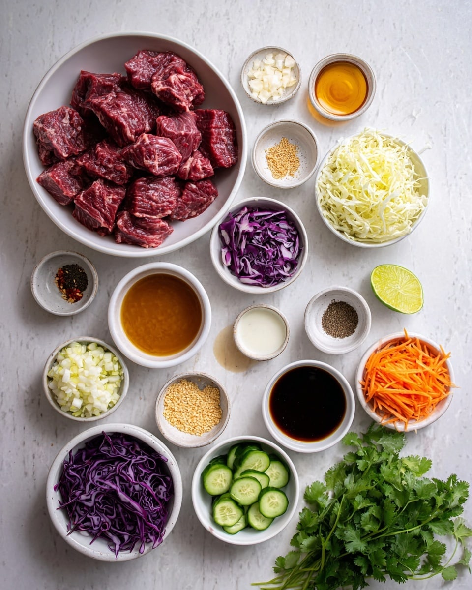 The image shows many small white bowls and dishes arranged neatly on a white marbled surface. At the top left, a large white bowl is filled with raw red beef pieces showing texture and marbling. Around it are smaller bowls with light yellow minced garlic, chopped white onions, shredded purple cabbage, and thin orange carrot sticks. Nearby are bowls filled with different sauces in colors like dark brown, light brown, and cream white, along with a translucent amber liquid. There are small dishes with salt, black pepper, sesame seeds, and a reddish sauce. A white bowl with sliced green cucumbers sits towards the bottom right, next to a bright green bunch of fresh cilantro. A half lime with seeds is placed near the cilantro. The whole setup has clear, vibrant colors and a fresh, clean look. Photo taken with an iphone --ar 4:5 --v 7