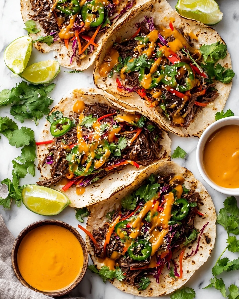 Four soft tortillas are filled with layers of shredded dark brown meat at the bottom, topped with thin strips of red and orange vegetables and sliced green jalapenos. Bright green cilantro leaves are scattered on top, along with a drizzle of bright orange sauce and sprinkled white sesame seeds. Lime wedges rest on the white marbled surface next to the tortillas, and there is a small white bowl of bright orange sauce nearby. Fresh cilantro sprigs also surround the food. The photo is taken from above with an iphone --ar 4:5 --v 7