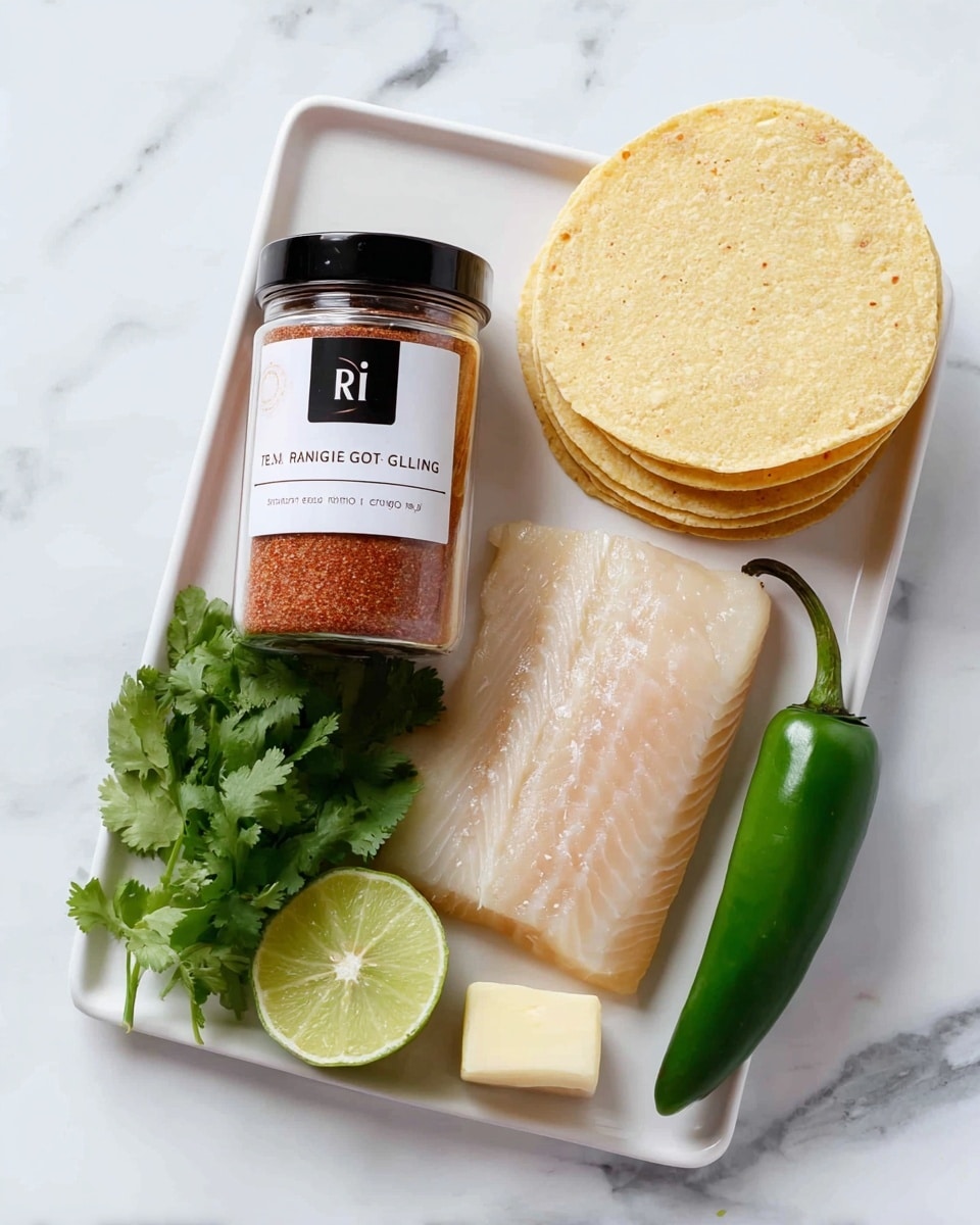 A white rectangular tray holds a small pile of ingredients on a white marbled surface. On the left, there is a clear spice jar with a black lid labeled