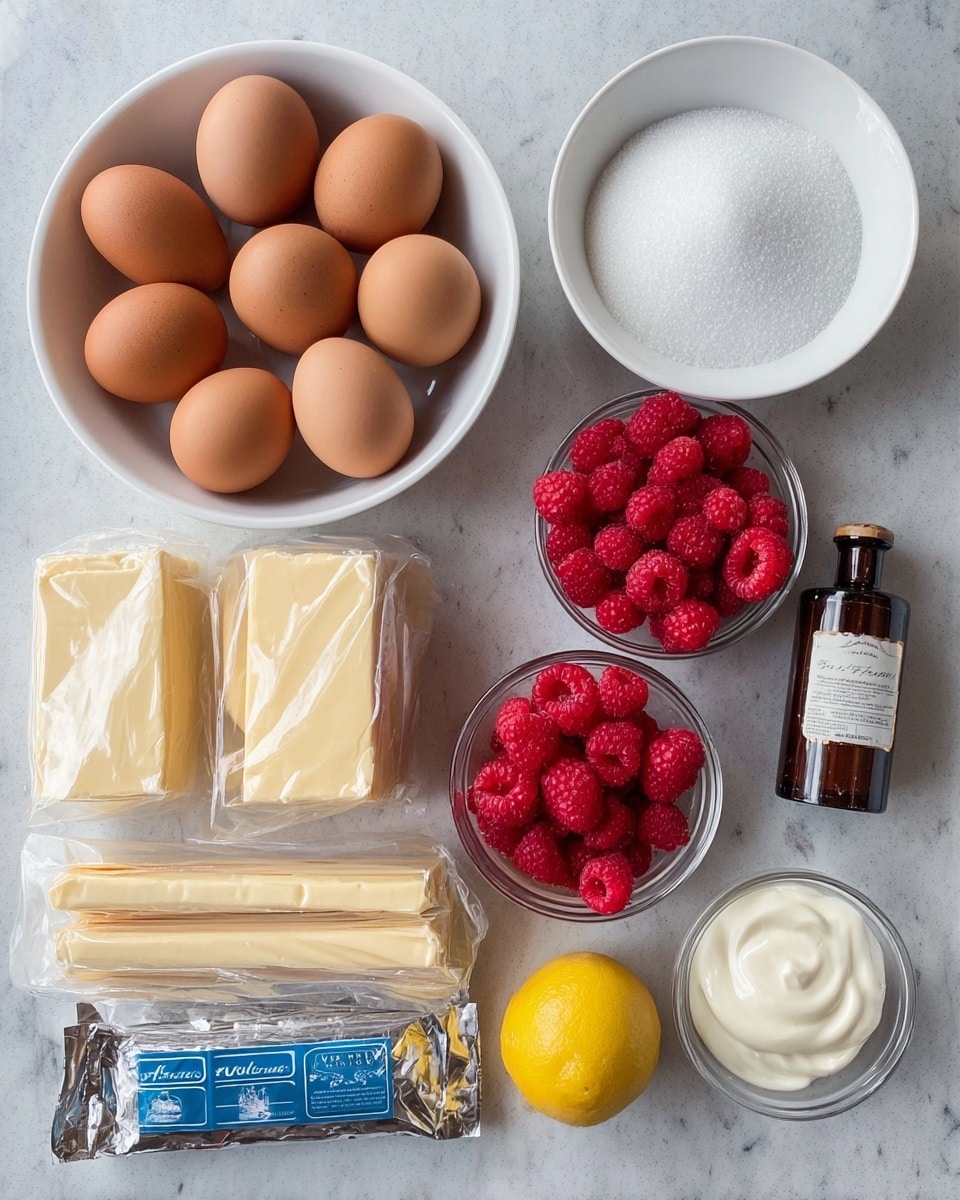 A white bowl filled with six brown eggs sits in the center on a white marbled surface. Next to it, there are two clear containers filled with bright red raspberries. Below the eggs, a white bowl is filled with white granulated sugar. To the left of the sugar bowl, two blocks of light brown butter wrapped in paper sit below four silver sticks of butter wrapped in foil. There is a small blue and white butter flavor packet below the butter blocks. To the right of the butter sticks and blocks, a dark brown bottle labeled vanilla sits beside a small clear bowl of white cream and a single yellow lemon. All items are arranged neatly with clear space around them. Photo taken with an iphone --ar 4:5 --v 7