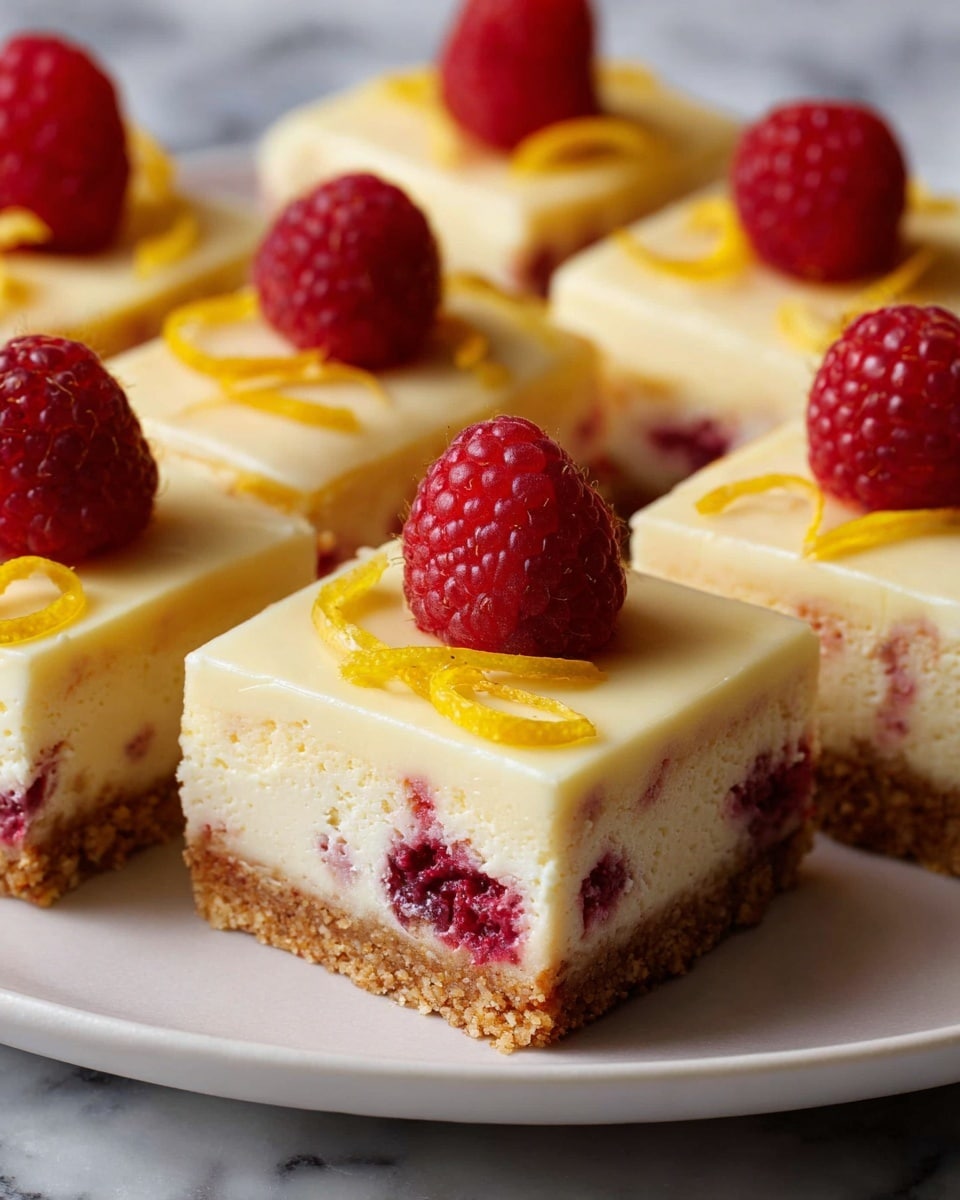 A white plate holds multiple square cheesecake pieces, each with three layers: a crumbly golden-brown base layer, a thick creamy light yellow middle layer with embedded raspberries, and a smooth pale yellow top layer. Each cheesecake square is decorated with three bright red raspberries and thin curly strips of yellow lemon zest on top. The plate is placed on a white marbled surface. photo taken with an iphone --ar 4:5 --v 7