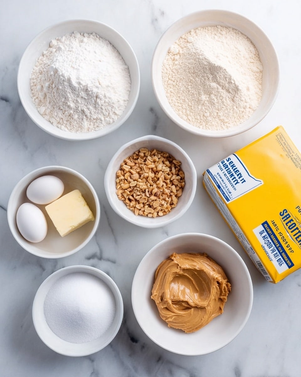 The image shows different baking ingredients arranged neatly on a white marbled surface. There are six small white bowls and a white plate, each holding a different ingredient: one bowl of powdered sugar with a fine white texture, one bowl of granulated white sugar, one bowl of light brown ground nuts, one bowl filled with plain white flour on a white plate, one bowl with smooth creamy light brown peanut butter, and one bowl with a single white egg. Next to them is a block of yellow butter wrapped in a white and blue paper labeled. A yellow package of semi-sweet chocolate is also placed in the frame. Everything is spread out in a way that each item is clearly visible. Photo taken with an iphone --ar 4:5 --v 7