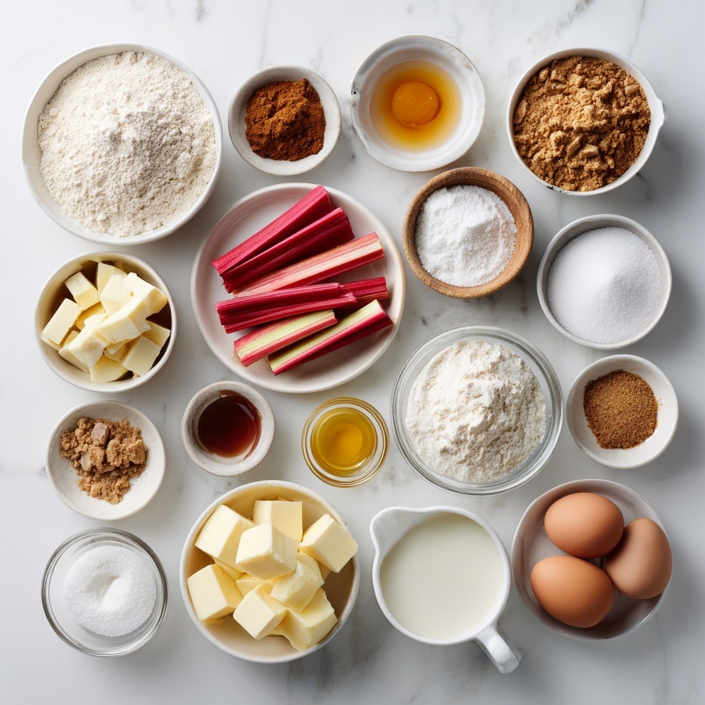 Top-down professional food photography, flat lay style, bright white marble countertop, neatly arranged, evenly spaced, tidy, clean organized layout, include: bowl of flour, bowl of brown sugar, small bowl of cinnamon, small bowl of salt, small plate of cold butter cubes, bowl of sliced rhubarb, small bowl of granulated sugar, small plate of butter, bowl of brown sugar, small bowl of vanilla extract, small plate of eggs, bowl of baking soda, bowl of baking powder, glass measuring cup of buttermilk, small bowl of ground nutmeg, bright soft natural lighting, sharp focus, high detail textures, realistic reflections, no finished dish, no cooked food, no hands, no text, no watermark