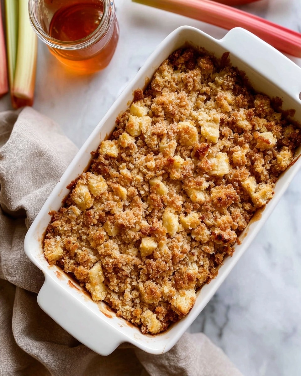 The image shows a white rectangular baking dish filled with a golden brown crumble dessert. The top layer is made of uneven, chunky pieces of crumbly, baked dough with a mix of light golden and darker brown colors, showing a crisp texture. The crumble sits in a thick layer covering the entire dish, with small cracks revealing a softer, moist layer underneath. The dish is placed on a white marbled surface, with some rhubarb stalks and a glass jar of amber liquid slightly blurred in the background. A light brown cloth napkin is folded loosely near the bottom right corner of the dish. Photo taken with an iphone --ar 4:5 --v 7