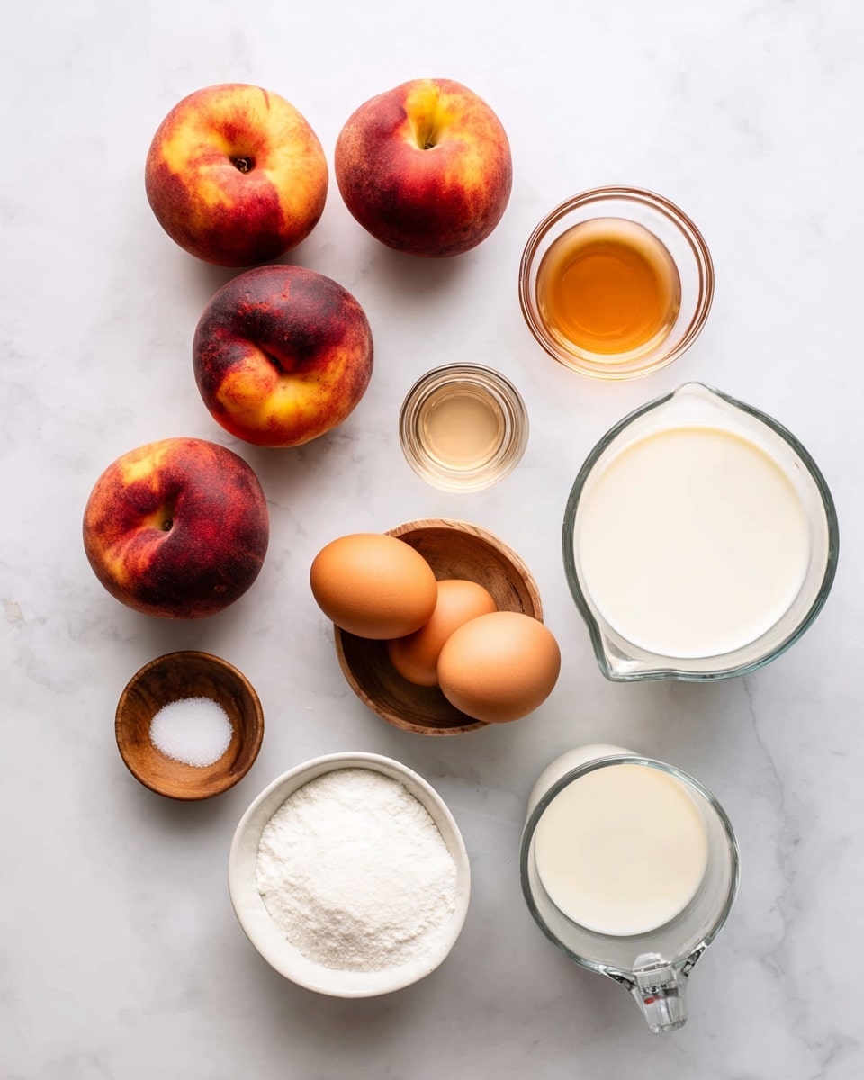 The image shows several ingredients placed neatly on a white marbled surface. At the top left, four whole peaches with a mix of red, orange, and yellow colors are grouped closely. Below them to the center left, there are two small glass bowls, one filled with a light brown liquid and another with a clear liquid. Below these bowls, a small wooden bowl holds a pinch of white salt. In the center, a white bowl contains four brown eggs. To the right of the eggs, a white bowl is filled with white granulated sugar. At the bottom right, two clear glass measuring cups hold creamy white liquids, one larger and one smaller, positioned side by side. The arrangement is clean and simple, with all items spaced evenly. photo taken with an iphone --ar 4:5 --v 7