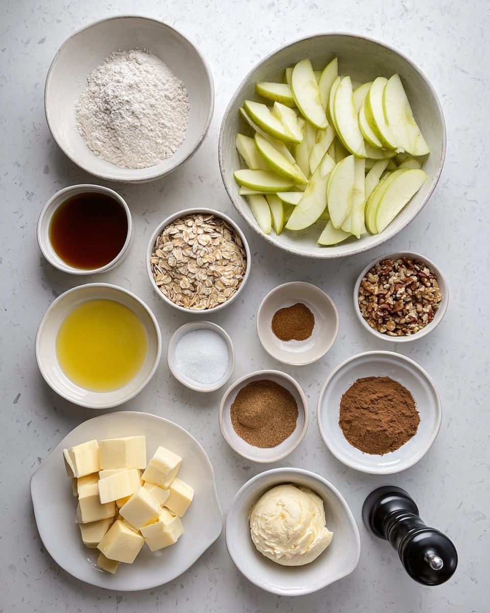 The image shows a white marbled surface with eleven white bowls arranged neatly. The largest bowl in the center holds many slices of green apples. Surrounding it are smaller bowls: one with white flour, one with a brown liquid, one with chopped nuts, one with oats, one with granulated sugar, one with cinnamon powder, one with a smaller brown spice, one with a smaller darker brown spice, one with baking powder, one with brown sugar, and one with two scoops of vanilla ice cream. Nearby is a white plate with neatly cut cubes of butter, a white dish with yellow lemon juice, and a black and white pepper shaker. The layout is clean and simple, viewed from above with even lighting. photo taken with an iphone --ar 4:5 --v 7