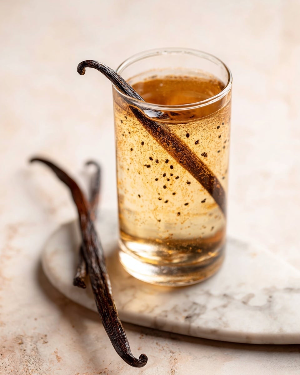 A tall clear glass filled with a light amber liquid speckled with tiny black vanilla seeds, with a long dark brown vanilla pod partially submerged and leaning out of the glass. The glass sits on a white marbled oval surface, with two long dark brown vanilla pods lying next to it on the same white marbled background, creating a simple and elegant scene. photo taken with an iphone --ar 4:5 --v 7