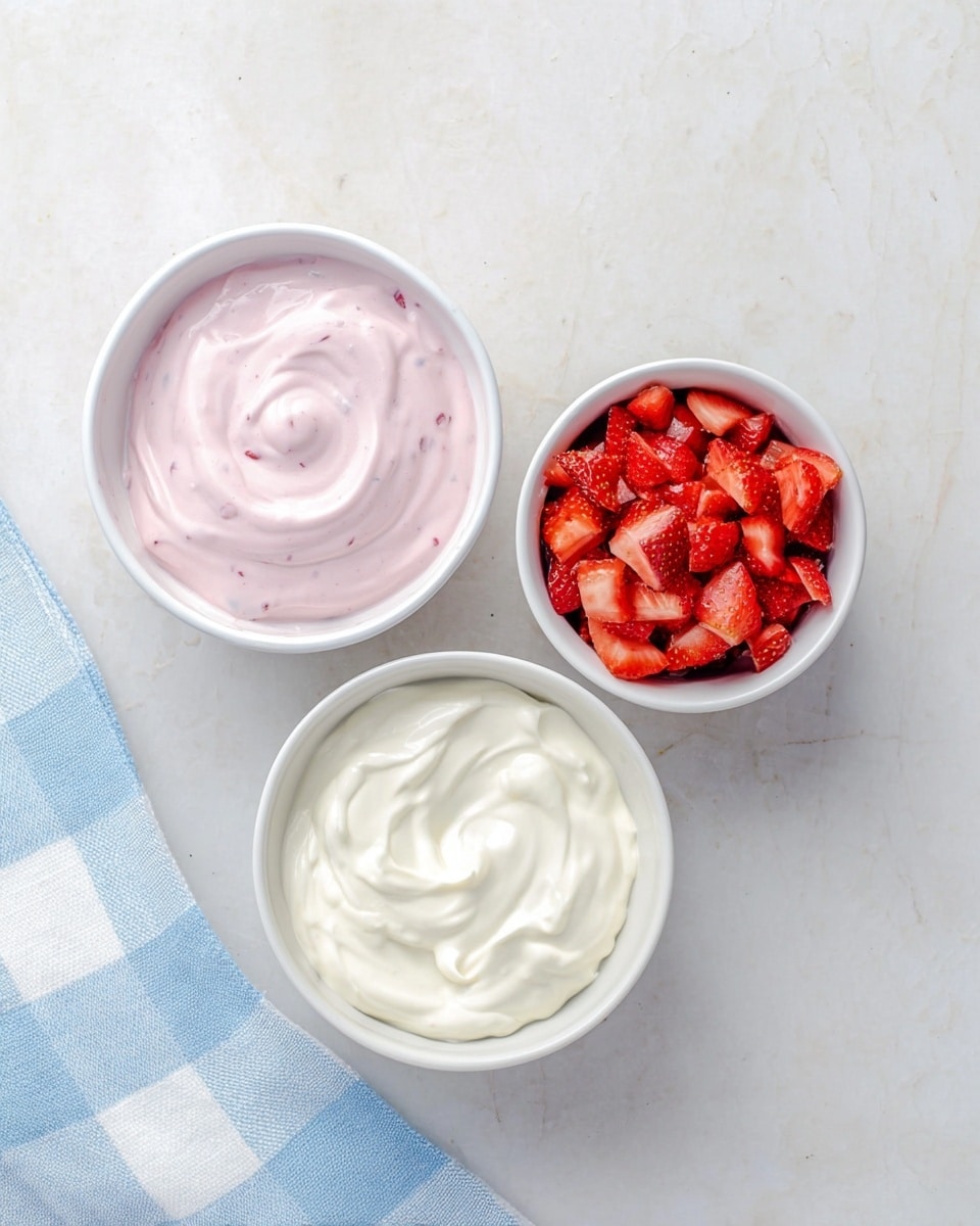 Three white bowls are placed on a white marbled surface with a light blue and white checkered cloth in the bottom left corner. The top left bowl holds light pink creamy yogurt with small fruit bits mixed inside, swirled smoothly. The top right bowl contains small, bright red chopped strawberries with varied sizes and textures. The bottom bowl is filled with thick, smooth white yogurt swirled on top. photo taken with an iphone --ar 4:5 --v 7