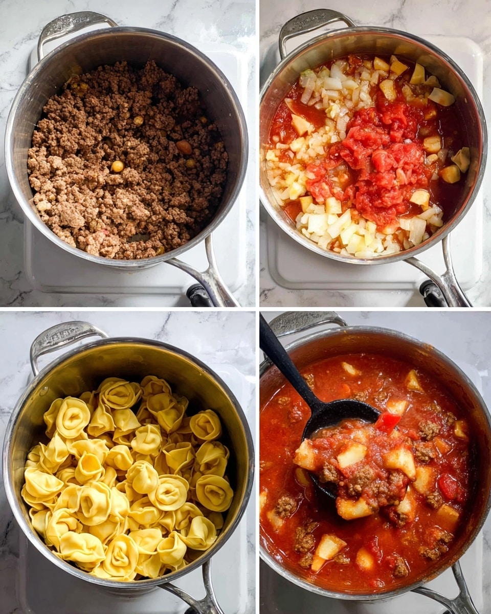 The image shows four steps in making a tortellini soup in a silver pot on a white marbled stove top. The first step shows browned ground meat covering the bottom of the pot in small crumbly pieces. The second step shows sautéed diced onions and tomato sauce forming a red and white chunky layer on the bottom of the pot with a slightly textured brown base from cooking. The third step shows uncooked yellow tortellini falling into the pot filled with red tomato broth, creating a contrast between the solid pale pasta and the liquid. The final step shows cooked tortellini floating in a rich red tomato broth with chunks of diced tomato and small pieces of browned meat, being scooped up by a black spoon. The soup looks hearty with mixed textures of soft pasta, meat, and tomato pieces. Photo taken with an iphone --ar 4:5 --v 7