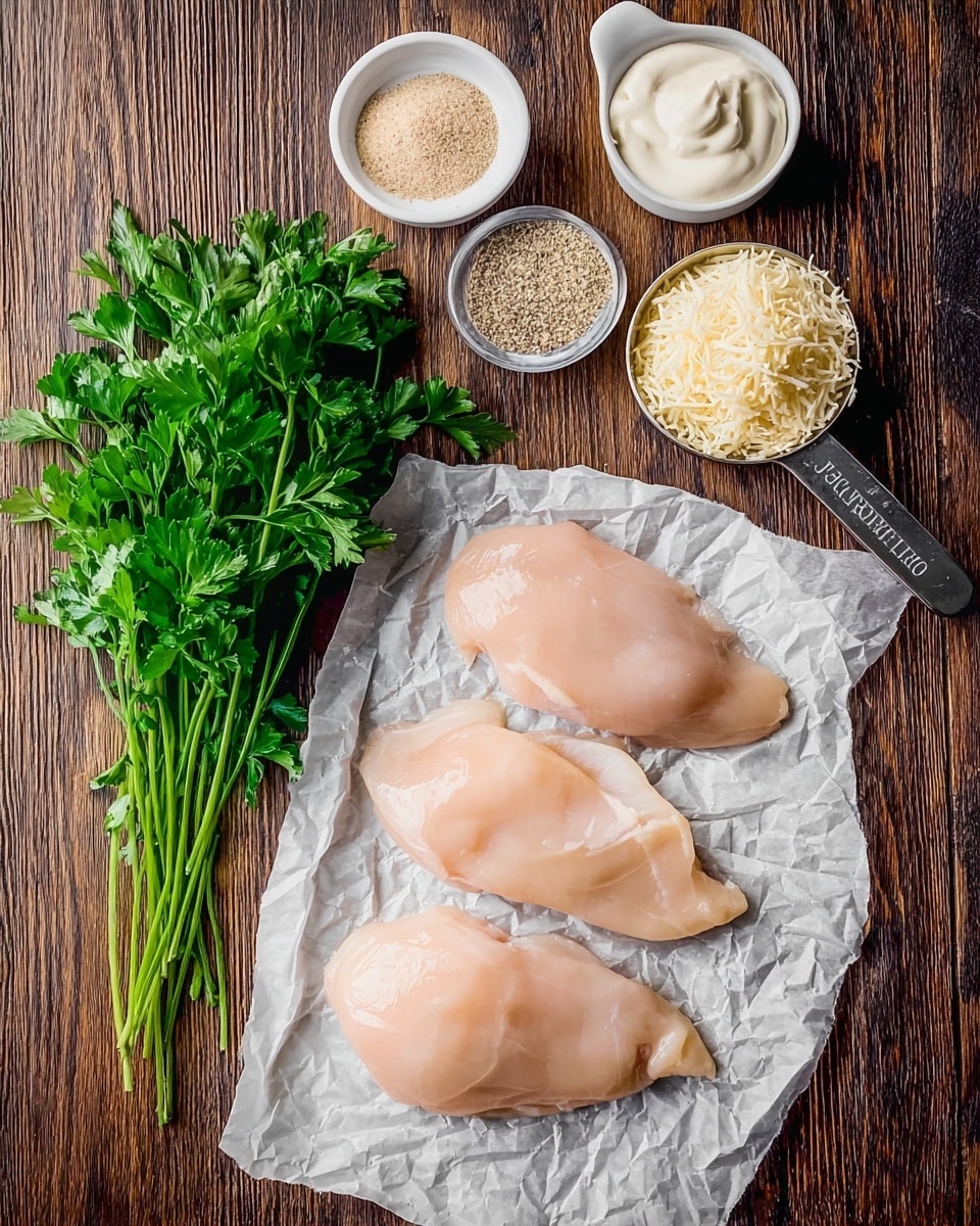 The image shows three raw chicken breasts placed on crumpled white parchment paper at the bottom right corner. To the left of the chicken, there is a bunch of fresh green parsley with leafy textures, positioned vertically. Above the chicken and parsley, on a dark wooden surface, there are four containers: a small white bowl with light beige onion powder at the top center, a white bowl with speckled Southern Soul house seasoning below it, a white measuring cup filled with creamy white mayonnaise on the upper right side, and next to it, a metal measuring cup filled with grated Parmesan cheese, which is pale yellow and fluffy. The photo taken with an iphone --ar 4:5 --v 7
