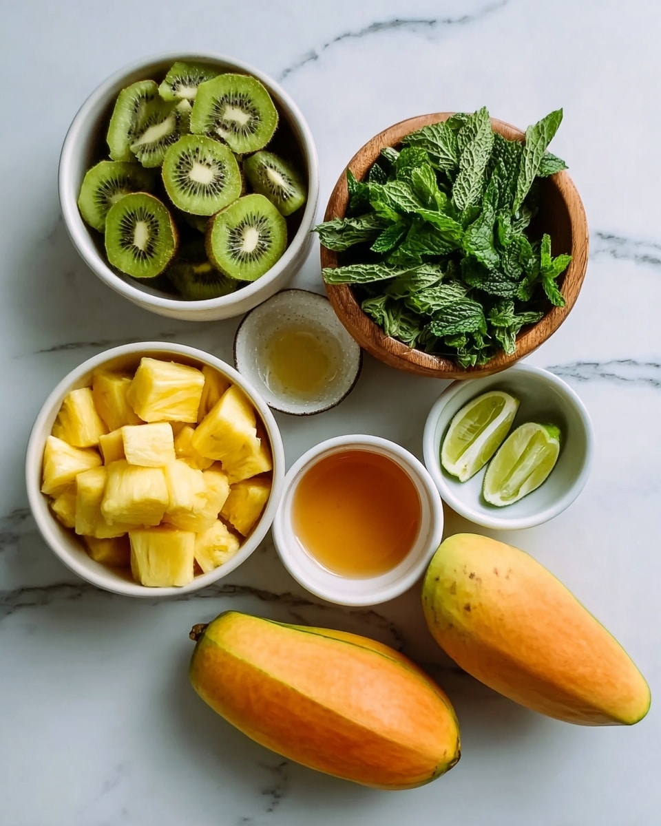 The image shows a white marbled surface with fresh fruits and ingredients arranged neatly in white and wooden bowls. At the center, there is a wooden bowl filled with green mint leaves. Above it, a wooden bowl holds round green kiwi slices. On the left side, a white bowl contains bright yellow mango chunks, and below it is another white bowl with triangular yellow pineapple pieces. To the right of the mint bowl, there is a small white bowl with two lime wedges and another small white bowl with a light orange liquid, possibly honey or syrup. At the bottom, two whole ripe papayas with orange-yellow smooth skins lay side by side. photo taken with an iphone --ar 4:5 --v 7