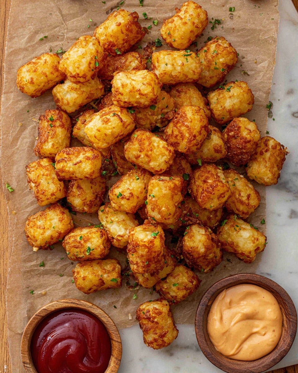 A pile of golden brown tater tots with a crispy texture and some green herb sprinkles scattered on top lie in the center on parchment paper over a white marbled surface. Near the bottom left corner, two small round wooden bowls hold dipping sauces; one is a dark red ketchup, and the other is a light orange creamy sauce. The tater tots have a rough, crunchy look with some slightly darker edges from roasting photo taken with an iphone --ar 4:5 --v 7