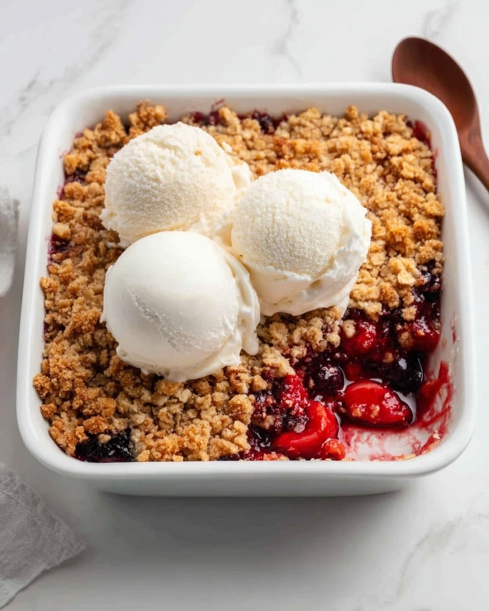 A white square baking dish filled with a fruit crumble dessert featuring a golden brown, crumbly top layer with a rough texture. One corner is scooped out, revealing a bright red fruit filling beneath, with juicy berries visible. On top, two large scoops of creamy white ice cream sit side by side, beginning to melt slightly. The dish is placed on a white marbled surface. photo taken with an iphone --ar 4:5 --v 7
