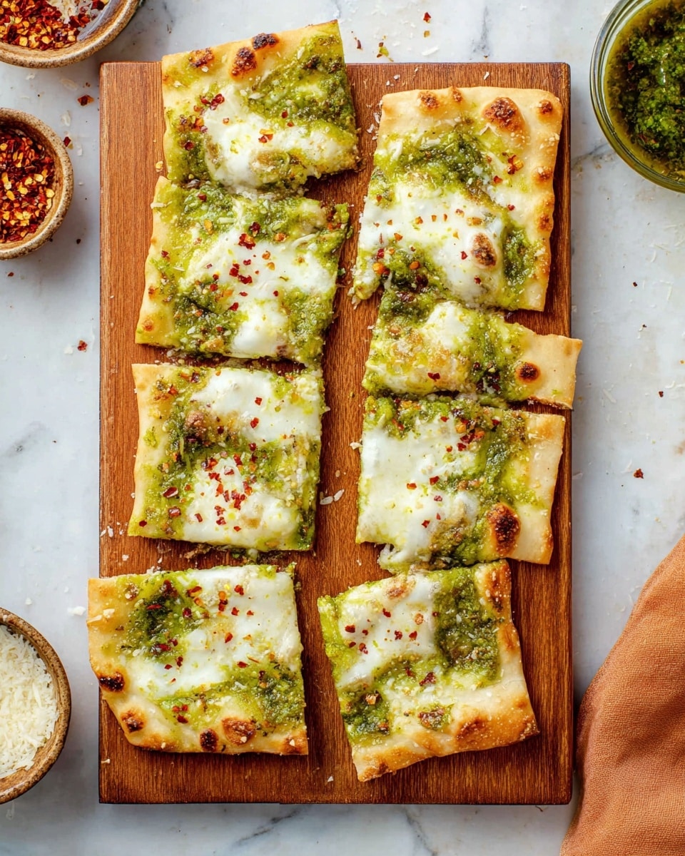 Eight square slices of flatbread pizza are placed in two neat columns on a wooden board. Each slice has a thin, slightly browned crust with a bubbly texture. The toppings include a spread of bright green pesto sauce that is unevenly spread, creating a marbled look with melted white cheese on top. Small red chili flakes are sprinkled over all the slices, adding specks of bright red color. The wooden board rests on a white marbled surface, and around it are small bowls containing chili flakes and grated cheese. The overall look is fresh, simple, and colorful. photo taken with an iphone --ar 4:5 --v 7