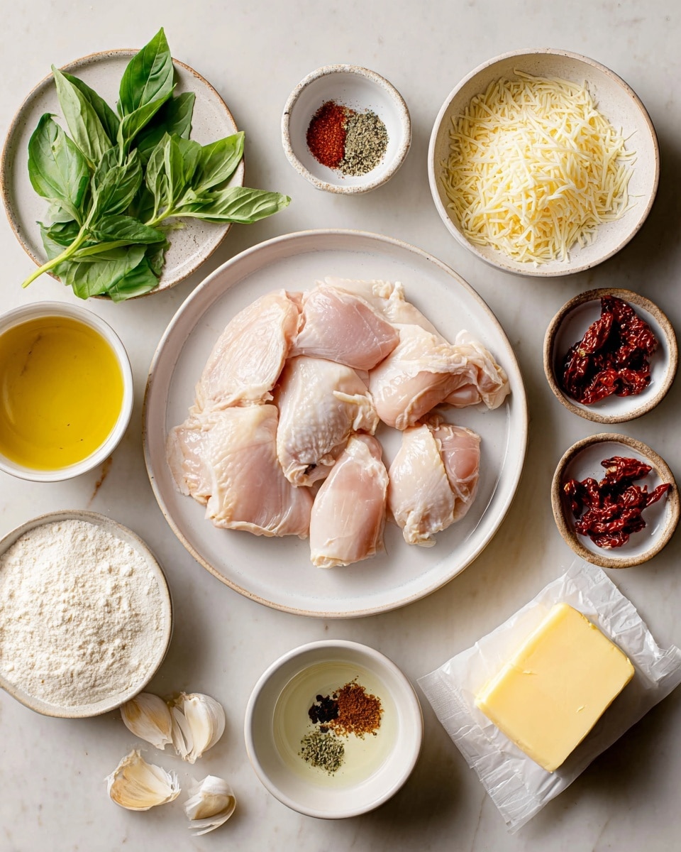 The image shows raw chicken pieces placed on a round white plate in the center, surrounded by small white bowls and plates holding various ingredients: shredded Parmesan cheese, golden chicken stock, all-purpose flour, olive oil, black pepper and salt, dried thyme, chili flakes, and heavy cream. There are fresh green basil leaves to the left, a white plate with sun-dried tomatoes and garlic cloves at the bottom right, and a wrapped block of yellow butter near the bottom center. All items are arranged neatly on a white marbled surface. photo taken with an iphone --ar 4:5 --v 7