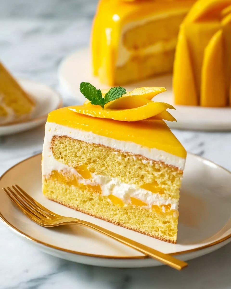 A slice of yellow mango cake is shown on a white plate with a gold rim, placed on a white marbled surface. The cake has three layers: the bottom and top layers are soft yellow cake, and the middle layer is white cream with pieces of bright orange mango. On top of the cake, there is a smooth, shiny yellow mango glaze, with thin slices of fresh mango arranged in a small fan shape and a green mint leaf for decoration. A gold fork rests beside the cake slice on the plate. In the background, part of the whole mango cake is visible. Photo taken with an iphone --ar 4:5 --v 7