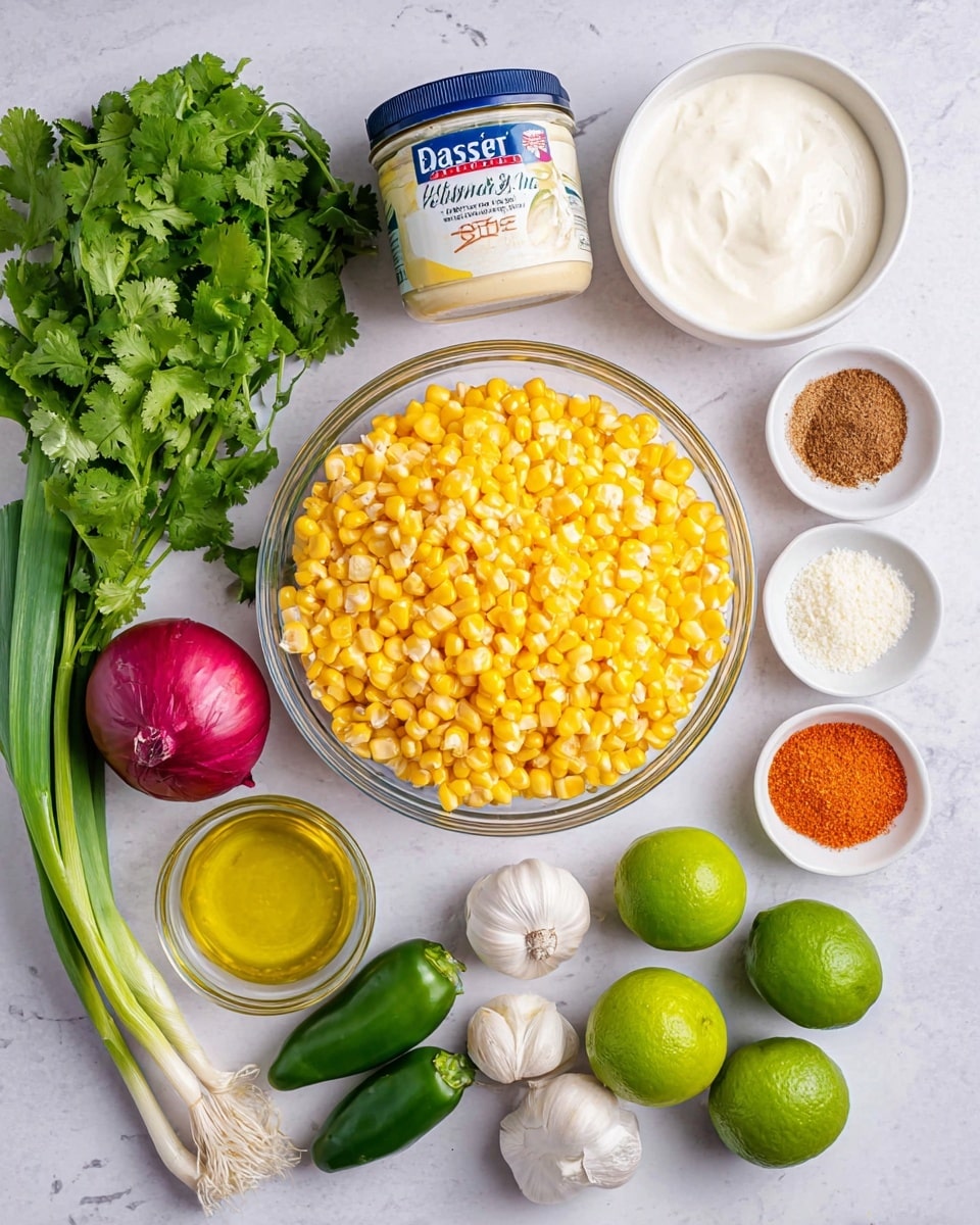 This image shows a flat lay of fresh ingredients on a white marbled surface. In the center, a clear glass bowl is full of bright yellow corn kernels. Above it, there is a jar of mayonnaise and a white container of sour cream side by side. To the right of those, a white bowl holds four small piles of different spices in brown, red, white, and orange colors. Below this, there are two small clear bowls with olive oil and white grated cheese. On the left side of the corn bowl, a bunch of green cilantro leaves, two whole green jalapeño peppers, and a large red onion are placed. To the bottom right side of the corn bowl, there are two whole bright green limes, three garlic cloves, and a few fresh green onions arranged neatly. The photo taken with an iphone --ar 4:5 --v 7