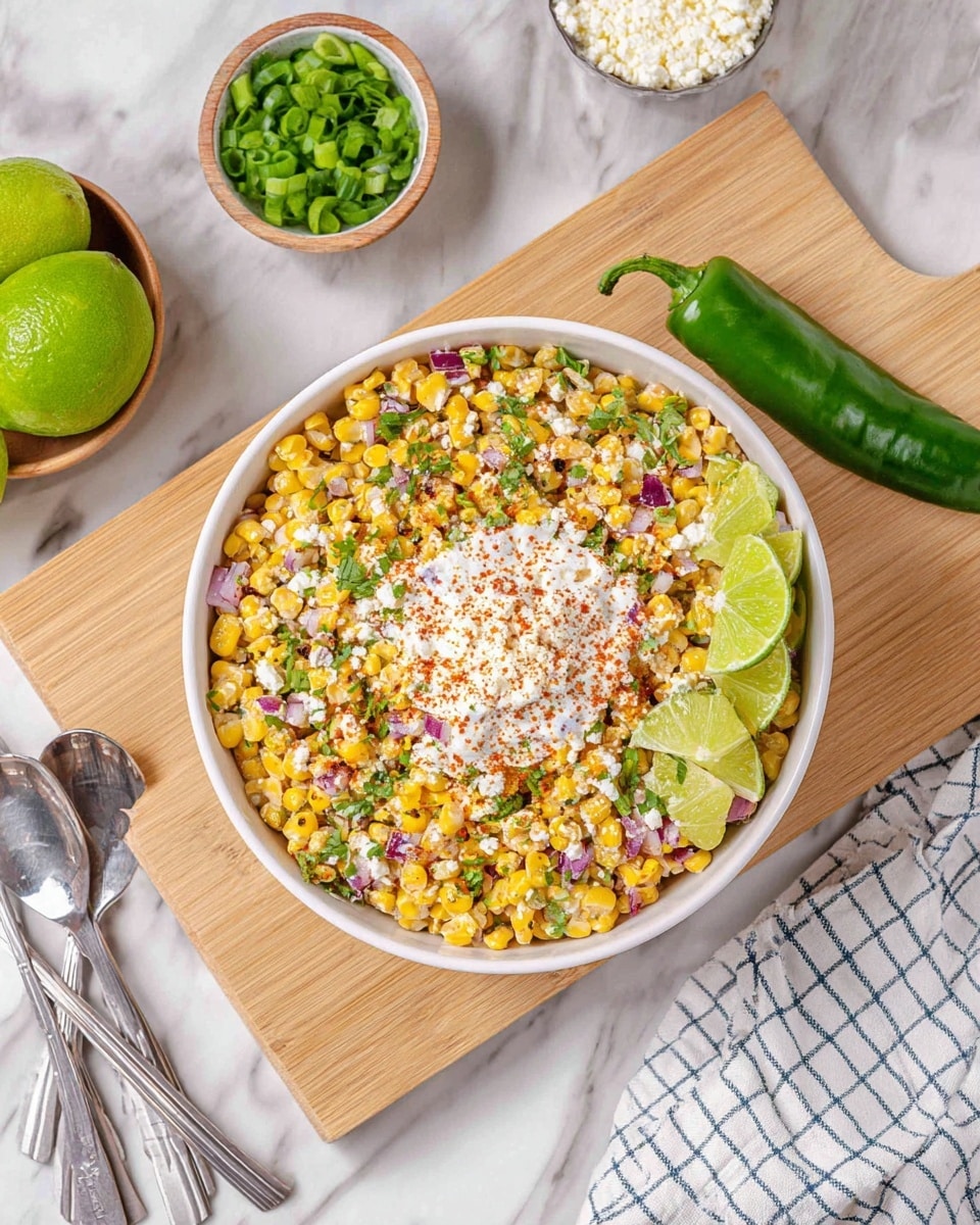 A white bowl filled with a colorful corn salad sits on a wooden board over a white marbled surface. The salad has bright yellow corn kernels mixed with green herbs and chopped red onions. On top, there is a white crumbly cheese spread in the middle, sprinkled with red spices and green onion slices. Two fresh lime wedges rest on one side of the bowl. Nearby, a whole green chili pepper, a small bowl of chopped green onions, and a small bowl with more white cheese are placed around the board. Two silver spoons rest on a white and blue checkered cloth beside the bowl. Photo taken with an iphone --ar 4:5 --v 7
