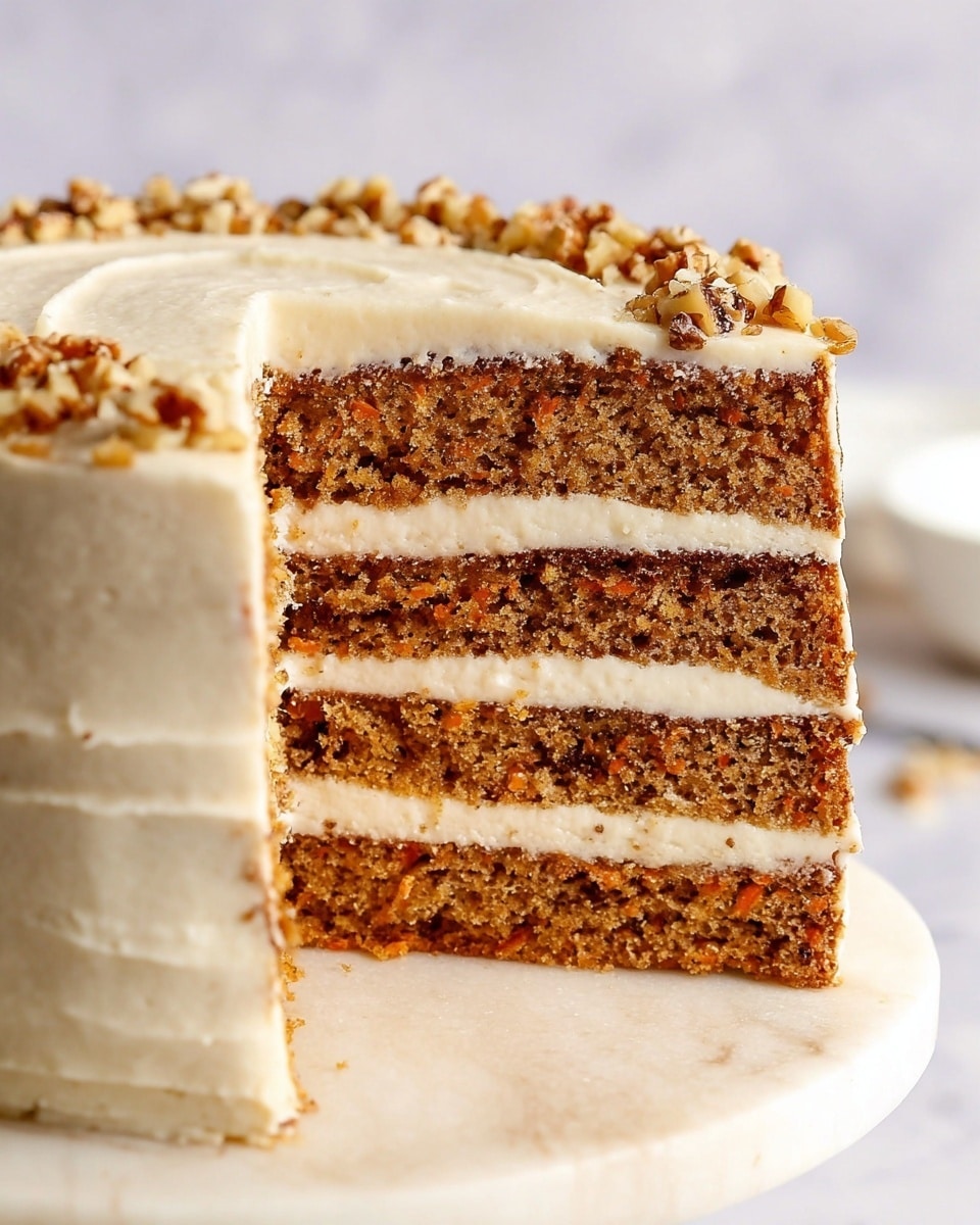 The image shows a four-layer carrot cake with each brown, moist cake layer filled with creamy off-white frosting in between. The cake is fully covered on the outside with the same smooth frosting, and the top edge is decorated with chopped nuts. The cake is sitting on a white marbled surface with a white blurred background. Photo taken with an iphone --ar 4:5 --v 7
