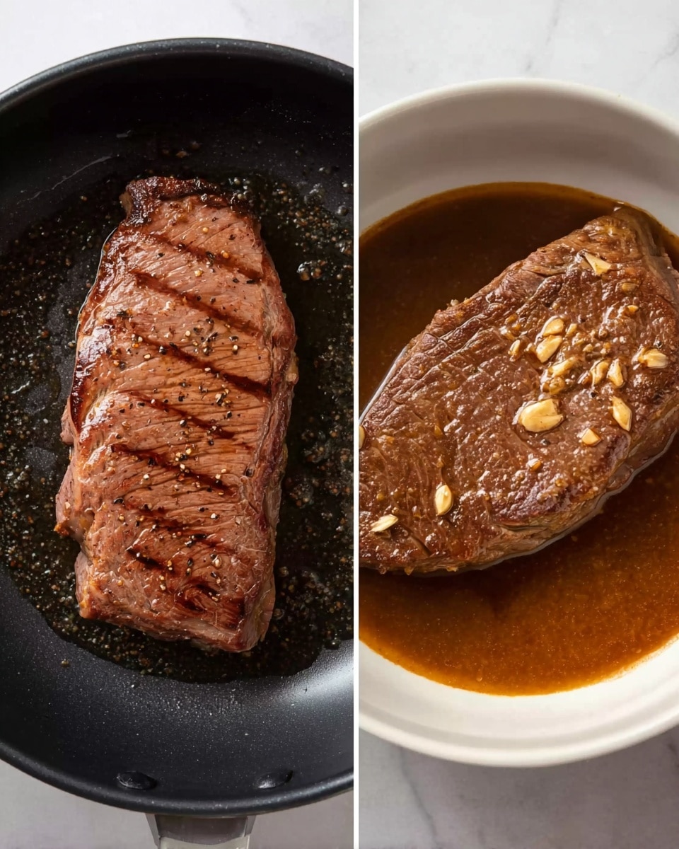 The image shows two views of a cooked steak. On the left, a brown steak with grill marks and small black pepper specks is sitting in a black non-stick pan with some oil. On the right, the same steak is in a white bowl with a brown sauce covering the bottom. The steak has a few crushed light brown garlic pieces on top. The surface underneath both items is a white marbled texture. photo taken with an iphone --ar 4:5 --v 7