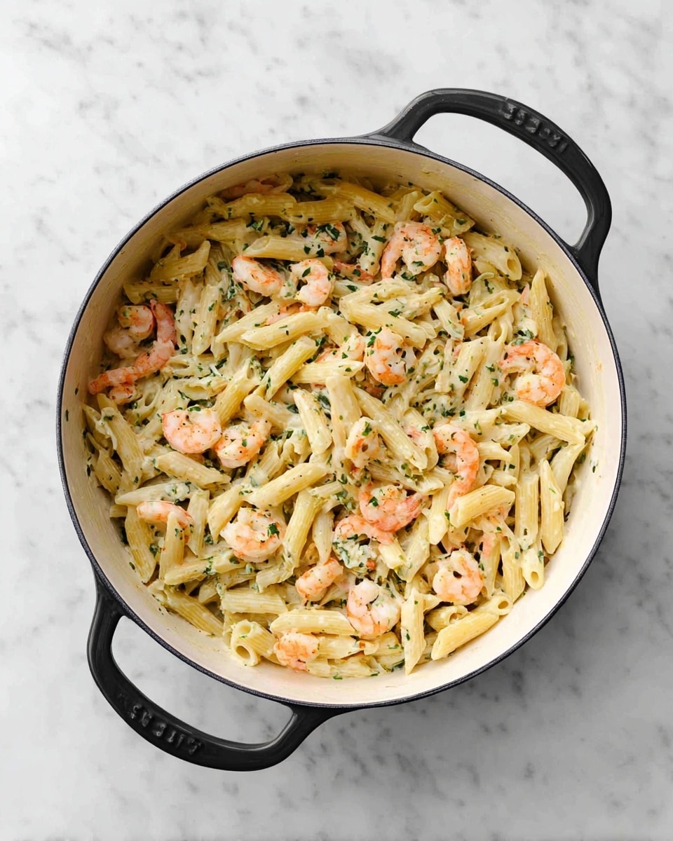 A large white pot with black handles holds a creamy pasta dish. The pasta is penne shaped and pale yellow in color, mixed with small pink shrimp scattered evenly throughout. There are green herb pieces mixed in, adding specks of color. The creamy sauce coats the pasta and shrimp, giving a smooth texture throughout. The pot sits on a white marbled surface. photo taken with an iphone --ar 4:5 --v 7