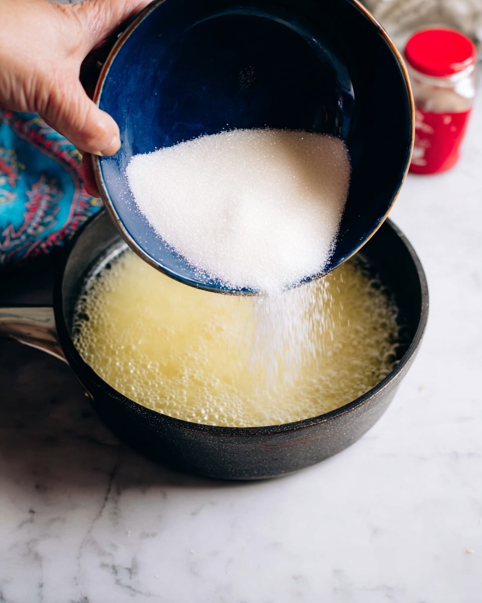 A woman's hand holds a dark blue bowl tilted over a black pan, pouring fine white sugar into the pan. The pan contains a bubble-covered light yellow liquid, likely melted butter or syrup, and is placed on a white marbled surface. Part of a red-capped bottle and a bit of a blue patterned cloth are visible in the background. The scene focuses on the motion of sugar pouring with soft, natural lighting. photo taken with an iphone --ar 4:5 --v 7