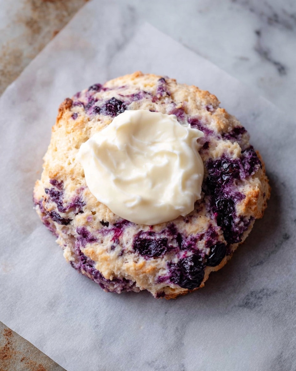 A single round biscuit-like item with a rough and crumbly texture sits on a sheet of parchment paper. The biscuit has swirls of deep purple and cream colors mixed throughout its surface, showing bits of darker purple fruit embedded inside. On top of the biscuit, there is a dollop of smooth, white creamy spread placed in the center. The background is a white marbled surface, and the scene is well-lit to highlight the textures and colors of the biscuit and cream. photo taken with an iphone --ar 4:5 --v 7