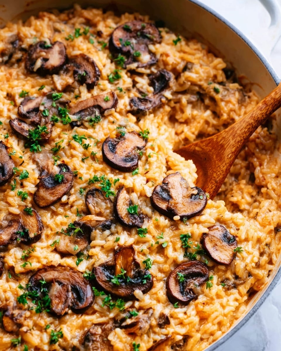 A close-up view of a white pan filled with a creamy orange rice dish, mixed evenly with small bits of herbs, and topped with sliced dark brown sautéed mushrooms spread across the surface. A wooden spoon is partially inserted into the rice on the right side, showing the soft texture of the dish. The dish sits on a white marbled surface, and the lighting highlights the creamy texture and rich colors of the rice and mushrooms, with small green herb pieces scattered throughout. Photo taken with an iphone --ar 4:5 --v 7