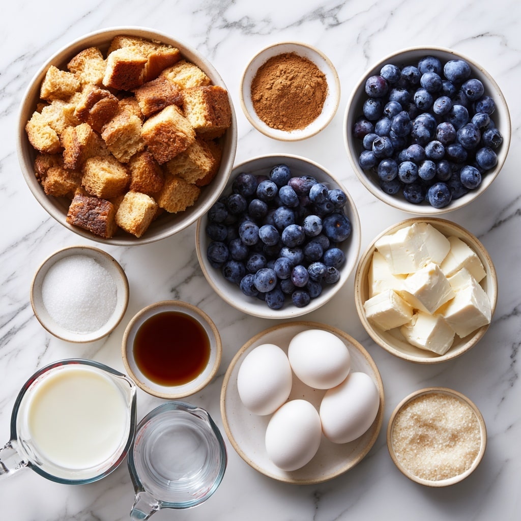 Top-down professional food photography, flat lay style, bright white marble countertop, neatly arranged, evenly spaced, tidy, clean organized layout, include: large bowl of thick bread cubes, bowl of fresh blueberries, bowl of cream cheese cubes, bowl of granulated sugar, small bowl of ground cinnamon, small bowl of vanilla extract, small plate with large eggs, glass measuring cup of half-and-half, glass measuring cup of water, small bowl of cornstarch, small bowl of coarse raw sugar, bright soft natural lighting, sharp focus, high detail textures, realistic reflections, no finished dish, no cooked food, no hands, no text, no watermark