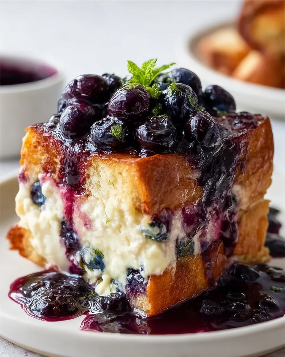 A thick square slice of bread pudding is shown on a white plate with a white marbled textured background. The pudding has two visible layers: the base layer is golden-brown toasted bread with a soft, creamy middle layer with blueberries mixed inside. The top is covered with a glossy dark purple blueberry sauce, with whole blueberries on top, dripping down the sides. There is a small green leaf garnish on the blueberries. The plate also has some sauce spread around the base of the pudding. photo taken with an iphone --ar 4:5 --v 7