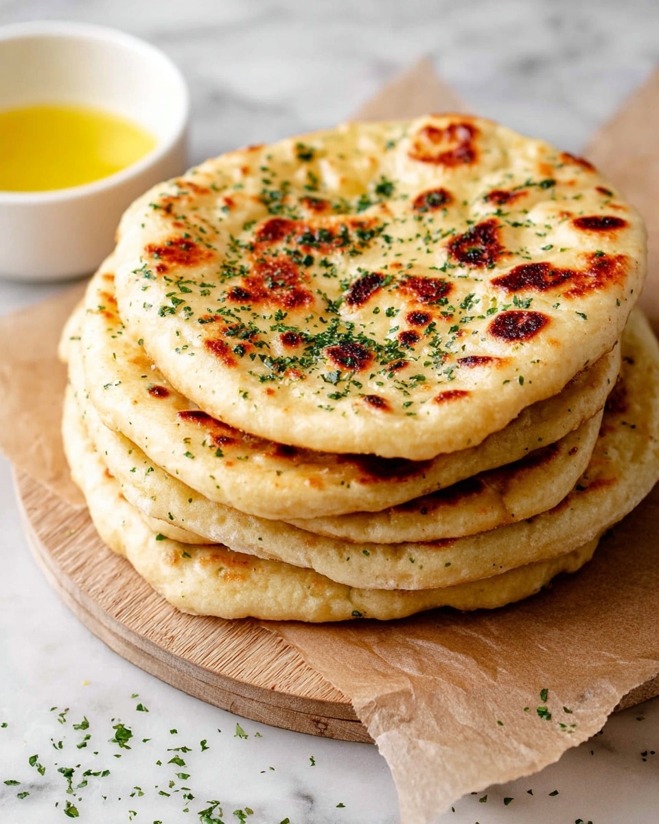 A stack of six golden brown naan breads sits on a wooden board on a white marbled surface. Each naan is round with slightly uneven edges, showing toasted spots of deep reddish-brown and a soft, fluffy texture. The tops are sprinkled with finely chopped green herbs, adding a fresh touch of color. In the background, a white bowl filled with melted butter sits slightly out of focus. Small scattered bits of herbs are spread across the white marbled surface around the board. photo taken with an iphone --ar 4:5 --v 7