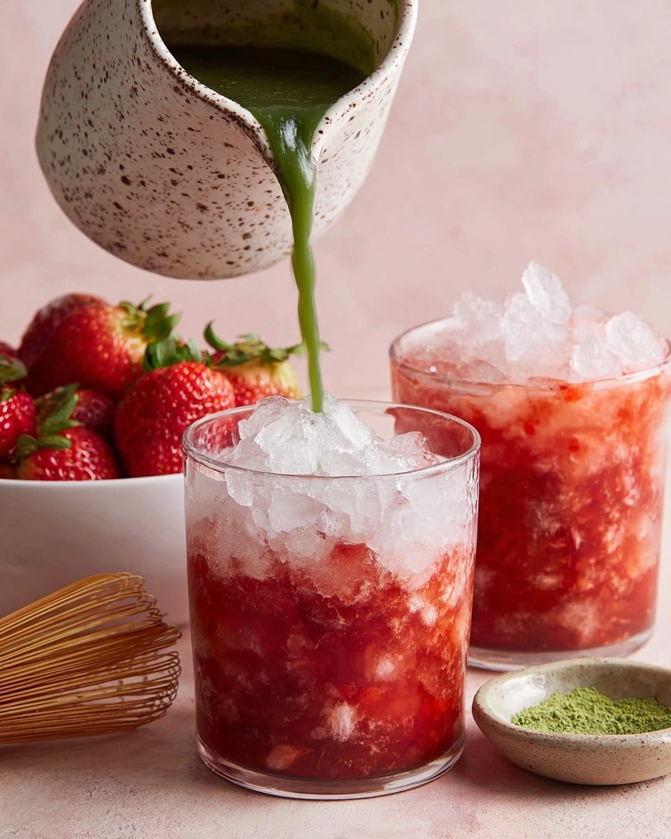 Two clear glasses filled with crushed ice and a bright red strawberry mixture form the base layer, giving the drink a textured, fruity look. A thick, dark green liquid is being poured into the left glass from a speckled ceramic pitcher, creating a smooth swirl as it blends with the red base. In the background, there is a white bowl filled with fresh whole and halved strawberries. The scene is set on a soft pink surface with a bamboo whisk and a small ceramic bowl with green powder nearby. Photo taken with an iphone --ar 4:5 --v 7