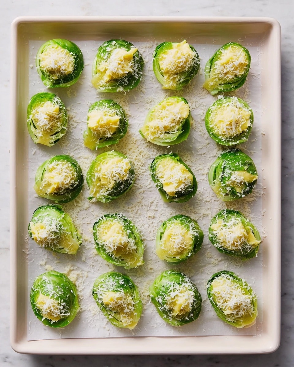 A white tray lined with parchment paper holds 20 halved Brussels sprouts arranged in four uneven rows. Each green Brussels sprout is topped with light yellow mashed filling and sprinkled with a fine layer of white grated cheese. The surface beneath the tray is a white marbled texture, providing a clean and bright contrast to the tray. The lighting is soft and natural, highlighting the fresh and textured details of the vegetables. photo taken with an iphone --ar 4:5 --v 7