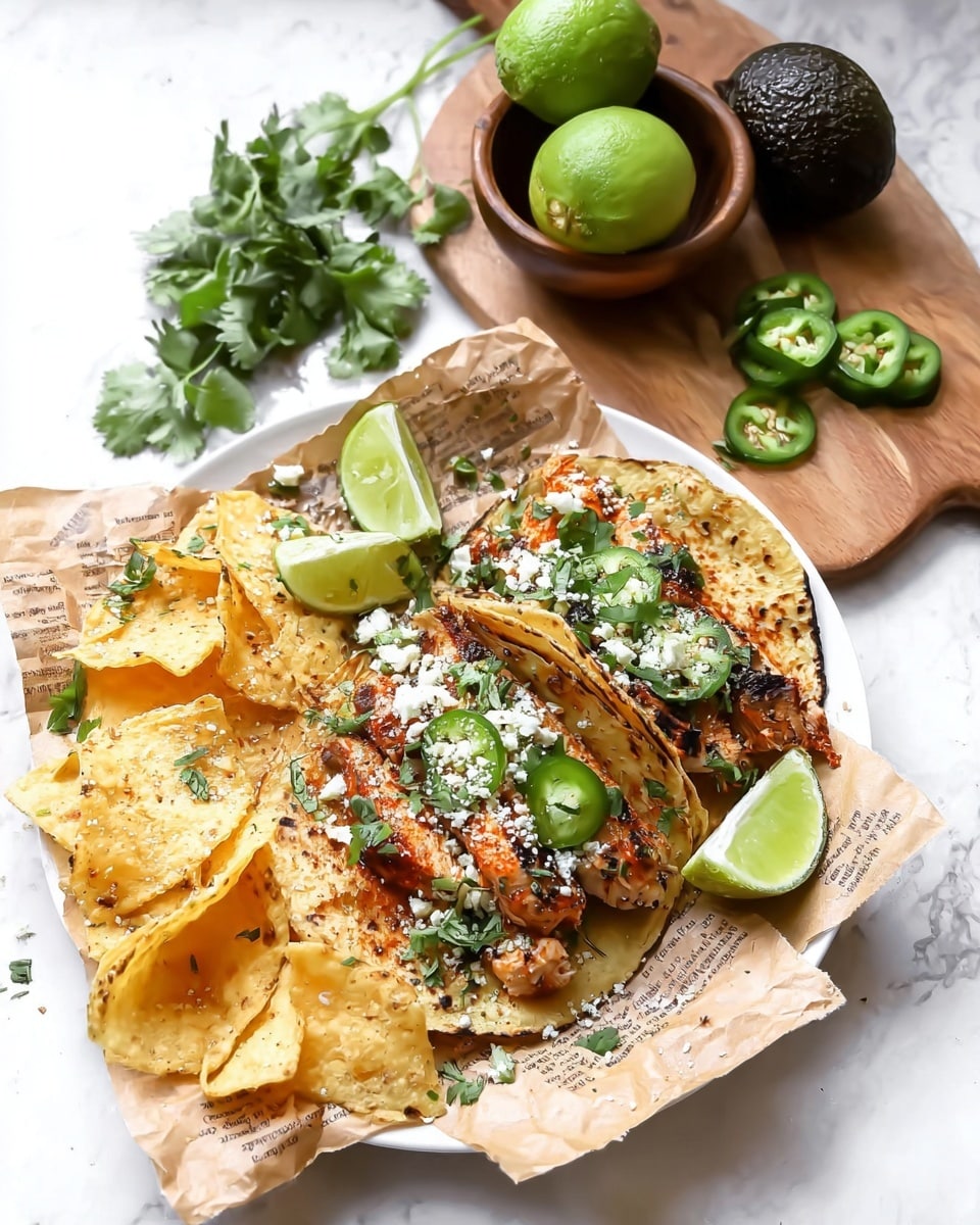 Two soft corn tortillas with slightly charred edges hold a layer of grilled fish pieces seasoned with red spices. The fish is topped with crumbled white cheese and chopped fresh green herbs. Thin green jalapeño slices, some with seeds, are scattered on the fish. Around the tacos are lime wedges, one whole and one halved, showing bright green flesh. On the left side of the white plate, crisp golden-yellow tortilla chips are lightly sprinkled with salt. The plate sits on crinkled parchment paper with text. Behind the plate, a wooden board holds a small wooden bowl with a dark brown avocado and a whole lime surrounded by fresh cilantro leaves. Three jalapeño slices and some cilantro are on the board, all against a white marbled surface. Photo taken with an iphone --ar 4:5 --v 7