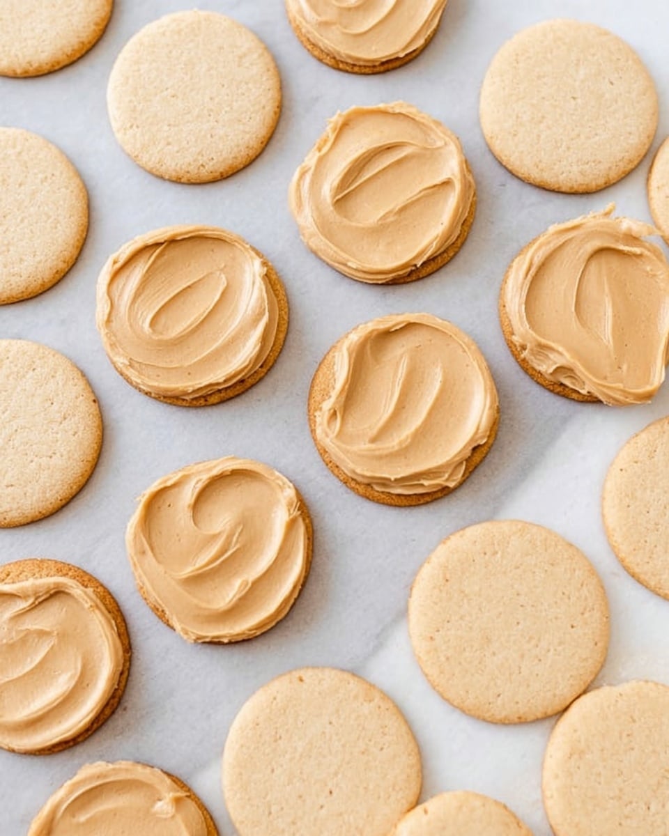 The image shows a sheet of white parchment paper on a white marbled surface, filled with two layers of round cookies arranged in rows. The bottom layer is plain, light beige round cookies with a smooth surface, while the top layer consists of cookies with a thick, creamy tan spread evenly wiped on each one, showing soft and swirled texture. The cookies are closely placed but not touching, and the scene looks bright and clean. photo taken with an iphone --ar 4:5 --v 7