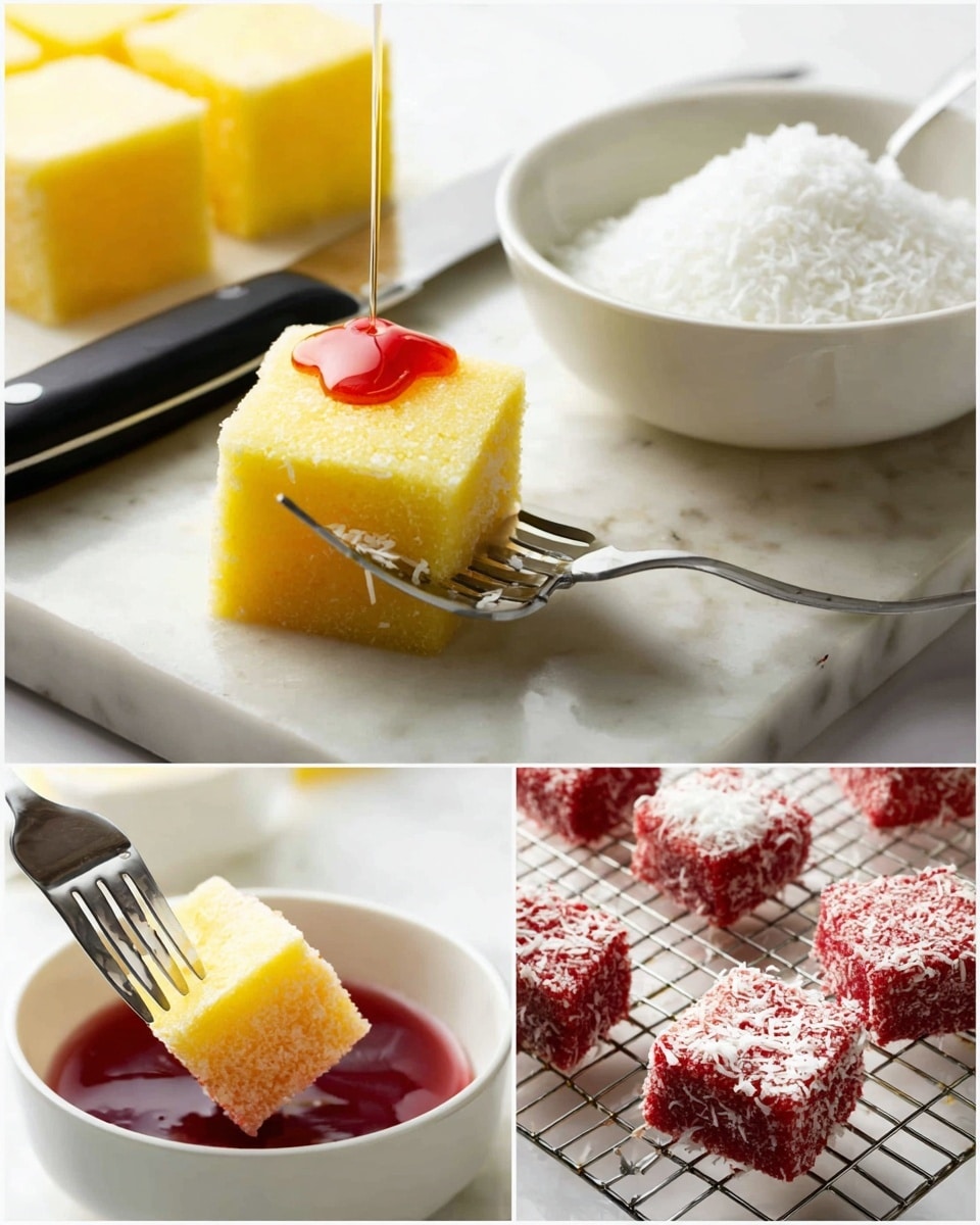 The image shows three stages of a dessert with soft, square yellow cake pieces with a smooth top layer on a white marbled surface, alongside a black-handled knife. Below, a white bowl contains red syrup, and a square cake piece is held by a fork above it, being dipped into the syrup. Next to it, the syrup is coating the cake cube. On the right, a fork holds a red-coated cake cube above a white bowl filled with white shredded coconut, a spoon sprinkles more coconut over the cake, with several red-coated cake cubes resting on a wire rack in the blurred background. photo taken with an iphone --ar 4:5 --v 7