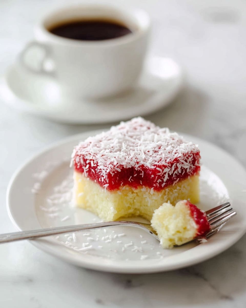 A small square dessert sits on a white plate with a bite taken out, showing three layers: a pale yellow soft inner layer, a thin bright red outer layer, and shredded white coconut covering the whole outside. Next to it is a fork with some of the dessert on the tip, and in the blurred background, a white cup filled with dark coffee rests on a white saucer. The whole scene is set on a white marbled surface. photo taken with an iphone --ar 4:5 --v 7