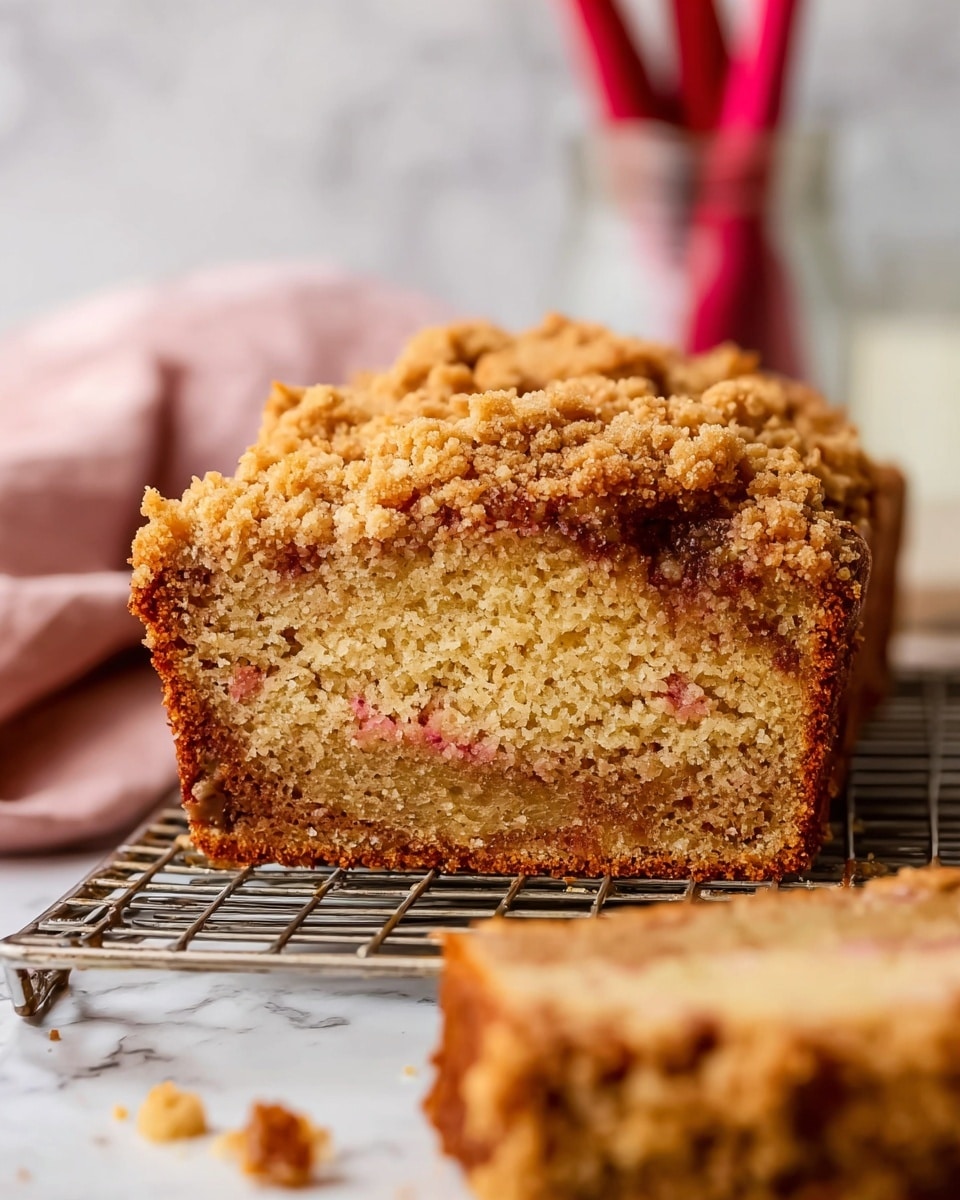 The image shows a close-up view of a thick slice of crumb-topped cake placed on a wire rack, with a piece in front slightly out of focus. The cake has two main layers: the inside is light golden brown with visible small bits of pink and darker brown pieces mixed in, showing a moist and soft texture. The top layer is a rough, crumbly, and crunchy streusel topping in a golden beige color. The sides of the cake are slightly darker and toasted. In the background, there is a blurred white jar with thin red stalks and a light pink cloth resting on a white marbled surface. photo taken with an iphone --ar 4:5 --v 7