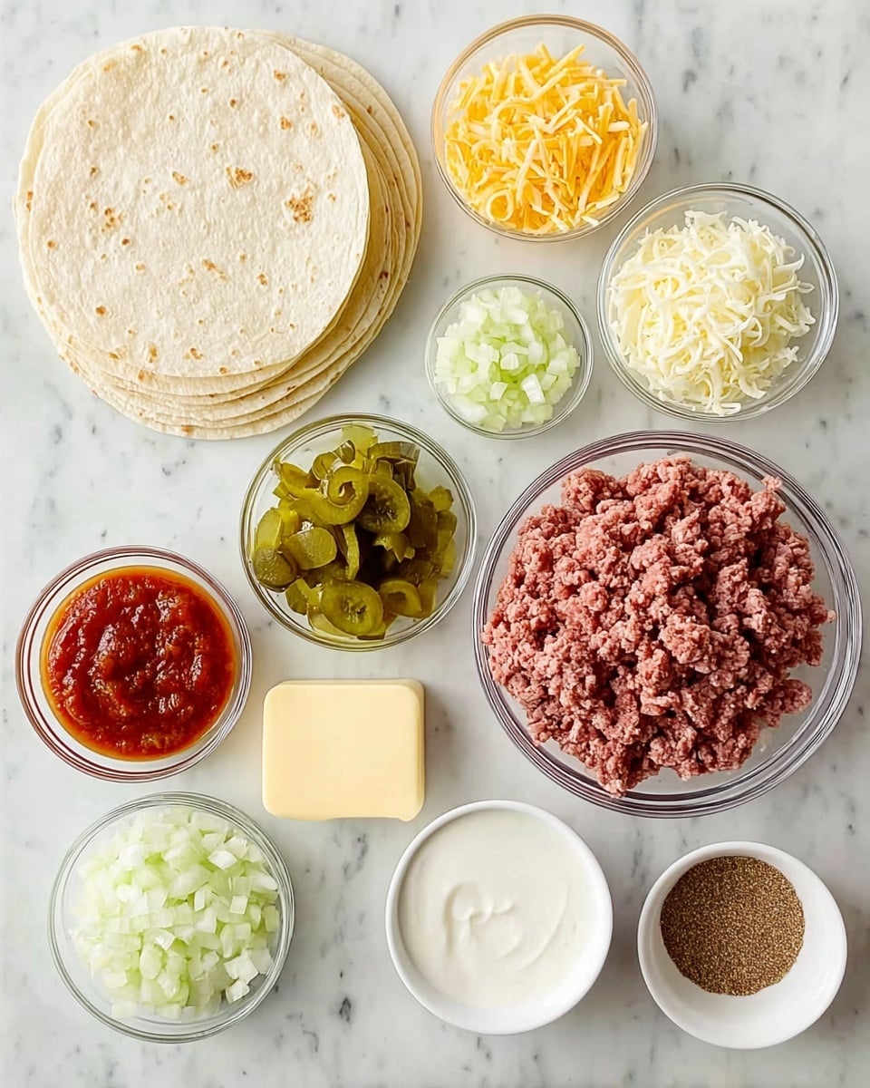 The image shows a neat arrangement of taco ingredients on a white marbled surface. There is a stack of light beige tortillas on the left side and a large clear glass bowl filled with raw ground meat in the center right. Around the meat, there are small clear glass bowls with finely chopped white onions, shredded white cheese, shredded yellow cheese, chopped green pickles, salsa, and a light yellow block of butter. Two small white bowls contain more chopped white onions and a smooth white cream, while a small white bowl at the bottom right holds brownish spices. The colors range from beige and light brown to vibrant yellow, green, and red, set against the clean white marbled background. Photo taken with an iphone --ar 4:5 --v 7