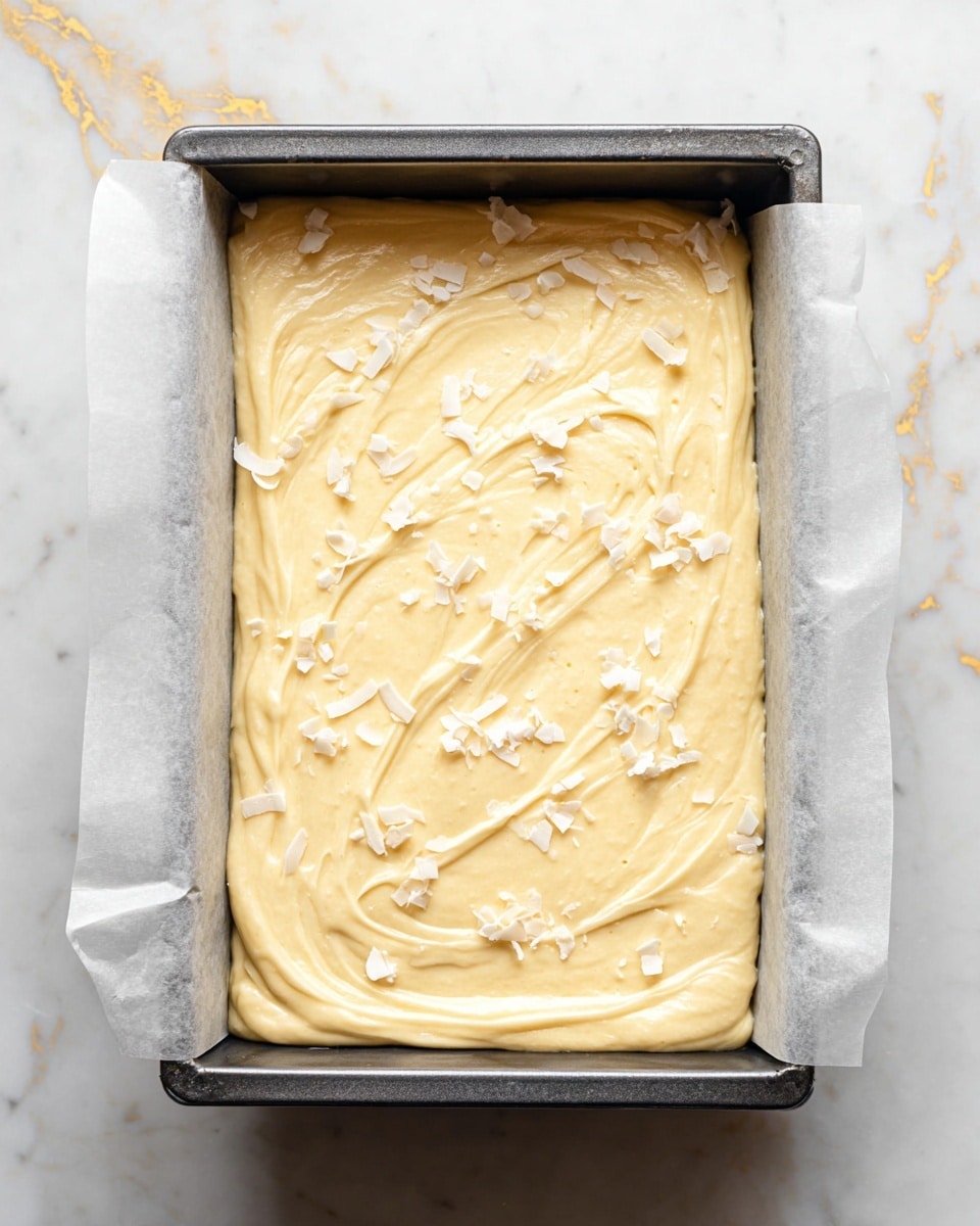 A rectangular metal baking pan lined with white parchment paper filled with a smooth, creamy, pale yellow batter spread evenly inside. The top of the batter is decorated with scattered small white coconut flakes. The pan is placed on a white marbled surface with faint gold veining. The batter has a soft, thick texture with visible swirls on top from spreading. Photo taken with an iphone --ar 4:5 --v 7