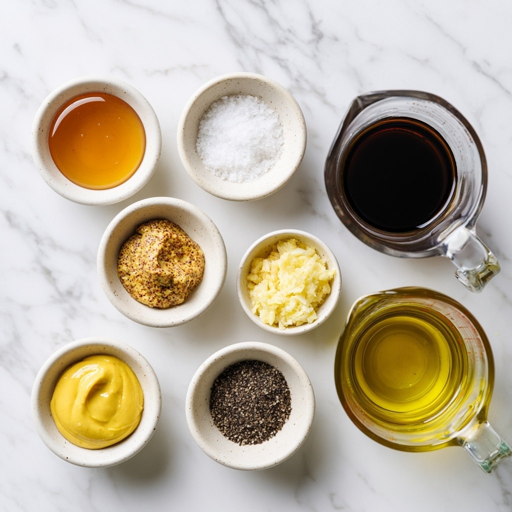 Top-down professional food photography, flat lay style, bright white marble countertop, neatly arranged, evenly spaced, tidy, clean organized layout, include: small bowl of honey, small bowl of dijon mustard, small bowl of fine sea salt, small bowl of freshly crushed black pepper, small bowl of minced garlic, glass measuring cup of balsamic vinegar, glass measuring cup of extra virgin olive oil, bright soft natural lighting, sharp focus, high detail textures, realistic reflections, no finished dish, no cooked food, no hands, no text, no watermark