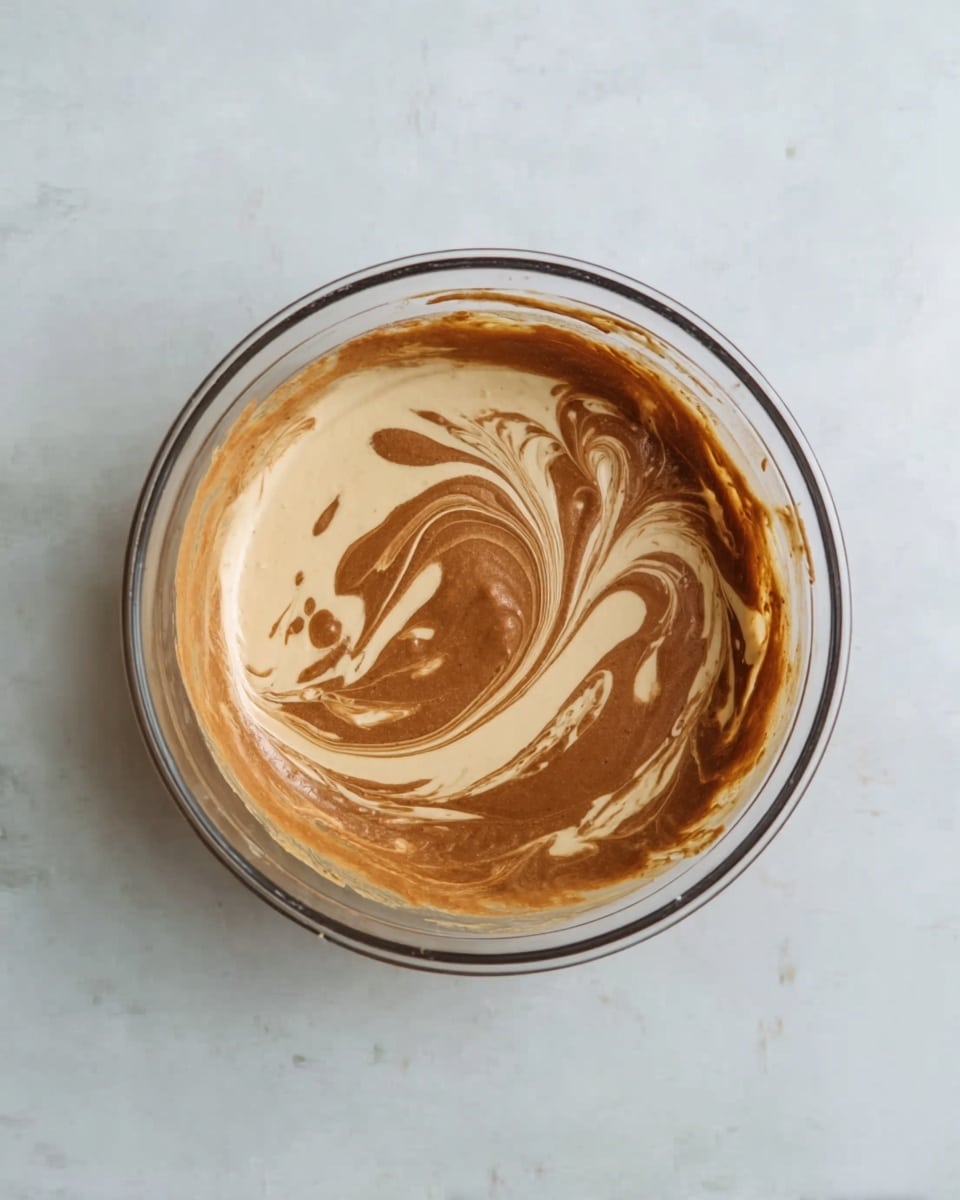 A clear glass bowl sits on a white marbled surface, containing a mix of two swirled layers. The first layer is a smooth, creamy light beige, while the second layer is a rich, thick brown mixture that is partially blended with the beige, creating swirling patterns. The bowl has a thin double black line around its rim. The mixture fills about one-third of the bowl from the bottom, with some splashes on the inner sides near the top of the swirl. Photo taken with an iphone --ar 4:5 --v 7