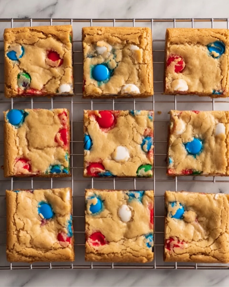 The image shows a close-up of nine square cookie bars arranged in a 3 by 3 grid on a metal cooling rack. Each cookie bar has a light golden-brown top with cracks and swirls across the surface, decorated with colorful red, blue, and white candy pieces embedded evenly throughout. The edges of the cookie bars are slightly darker brown, indicating they are baked crisp. The cooling rack is placed on a white marbled surface. The photo is taken with an iphone --ar 4:5 --v 7