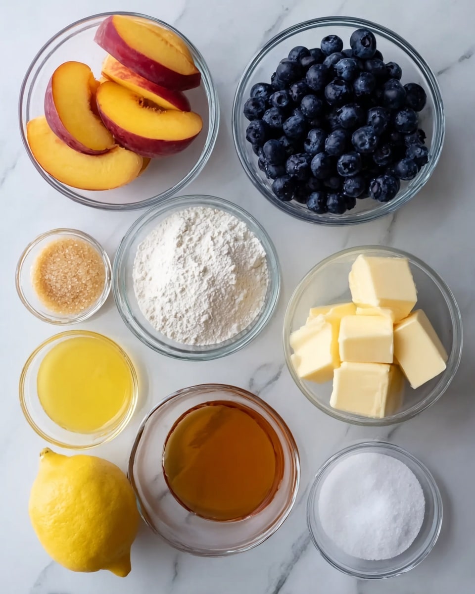 Top view of seven small glass bowls arranged on a white marbled surface, each containing different ingredients. At the top left, a bowl holds three peach slices showing bright orange and red colors; to the right, a bowl is filled with dark blue blueberries with dewy texture. Below the peach bowl, a bowl of fine white powder is placed. To the right of the powder, a bowl contains three cubes of pale yellow butter. Below these, moving left to right, there is a bowl with a yellow liquid, next to a small bowl of light brown sugar crystals, then a bowl with amber honey. Finally, at the bottom left corner, there is a half lemon showing bright yellow with visible segments, and next to it on the right, a small bowl of white salt. Photo taken with an iphone --ar 4:5 --v 7