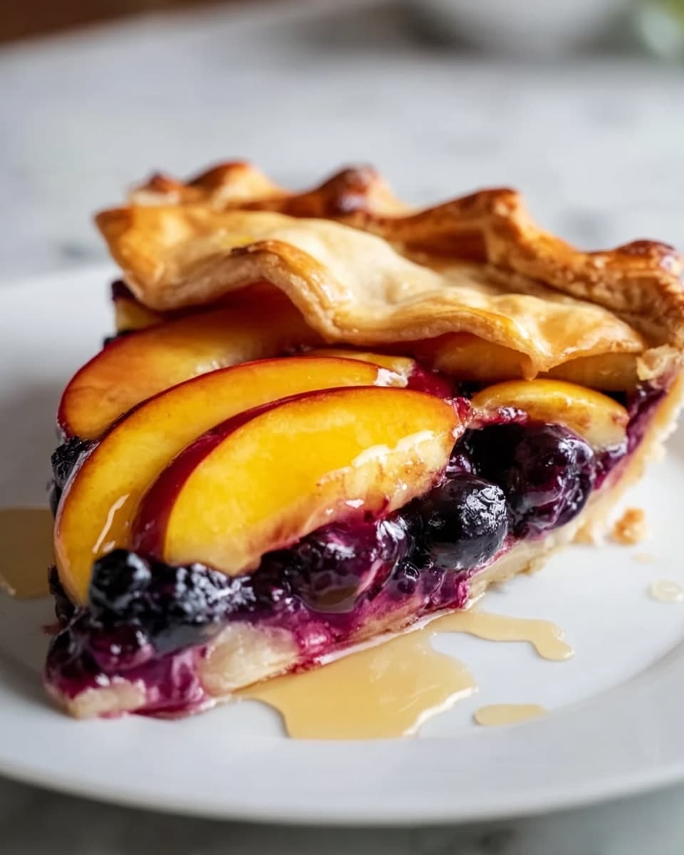 A close-up of a slice of fruit pie on a white plate, showing a golden-brown crust folded over the edge in soft waves. Inside, there are three layers: the bottom layer is thin and pale, the middle layer is filled with dark purple blueberries that look shiny and juicy, and the top layer has thick slices of yellow and red peaches with a smooth texture. A light golden syrup is lightly dripping over the fruit, pooling slightly on the plate. The background is a white marbled surface. Photo taken with an iphone --ar 4:5 --v 7