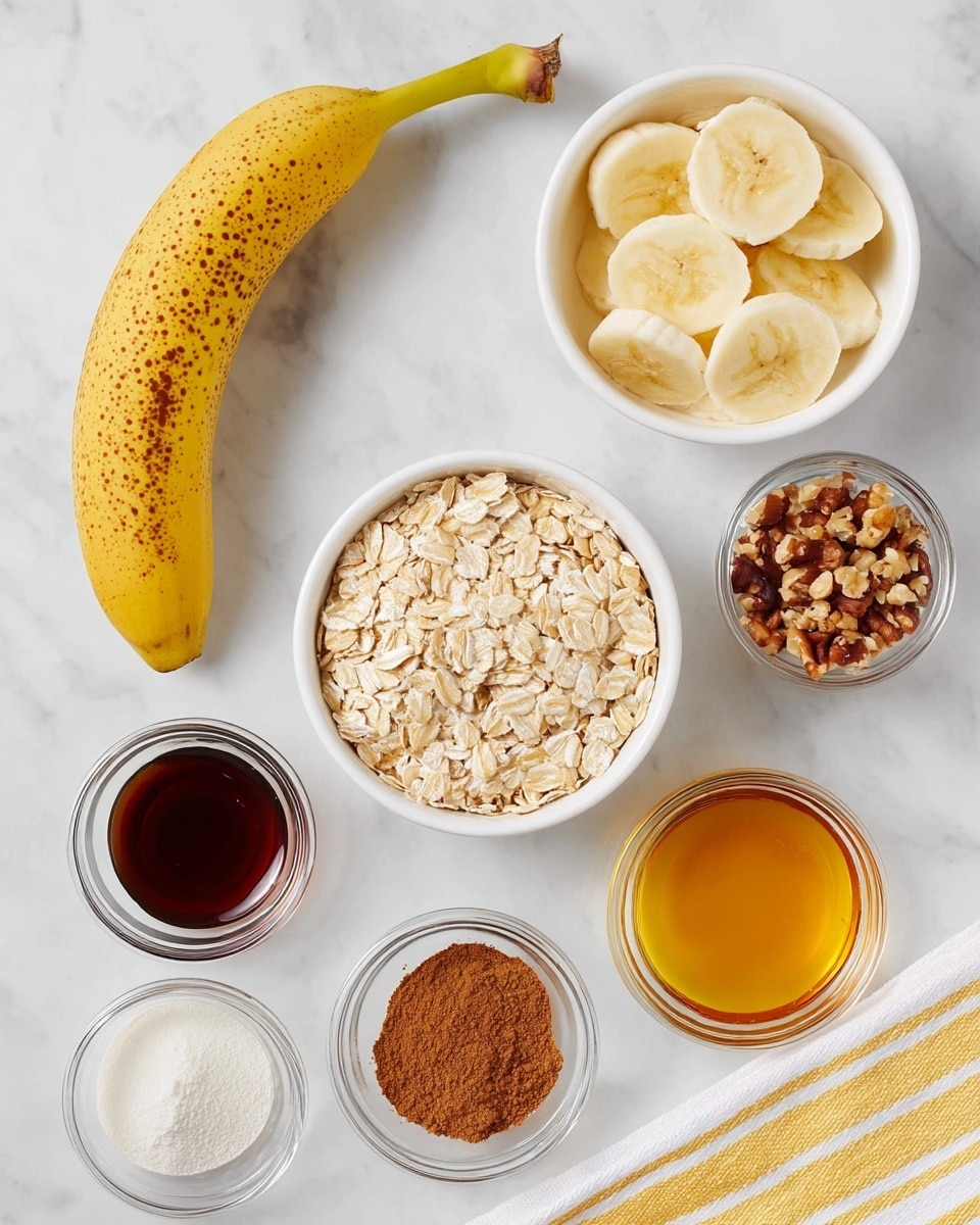 A ripe yellow banana with brown spots lies on a white marbled surface next to two white bowls; one filled with pale yellow banana slices and the other filled with light beige rolled oats. Below them, six small clear glass bowls contain different ingredients: chopped brown nuts on the left, dark brown liquid in the center, a fine white powder to the right, brown cinnamon powder on the bottom left, and golden honey at the bottom right. A white and yellow striped cloth edge is visible on the right side of the image photo taken with an iphone --ar 4:5 --v 7