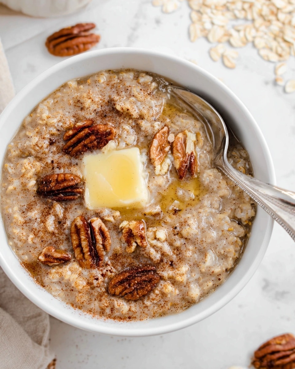 A white bowl filled with warm oatmeal that has a creamy beige texture mixed with small bits of oats and nuts. On top, there is a melting pat of light yellow butter sitting in the center. Around the butter, there are scattered pieces of glossy, brown pecans and a light dusting of cinnamon powder spread across the oats. A silver spoon rests inside the bowl on the right side. The bowl is placed on a white marbled surface, with loose oats visible blurred in the background near the top right. photo taken with an iphone --ar 4:5 --v 7
