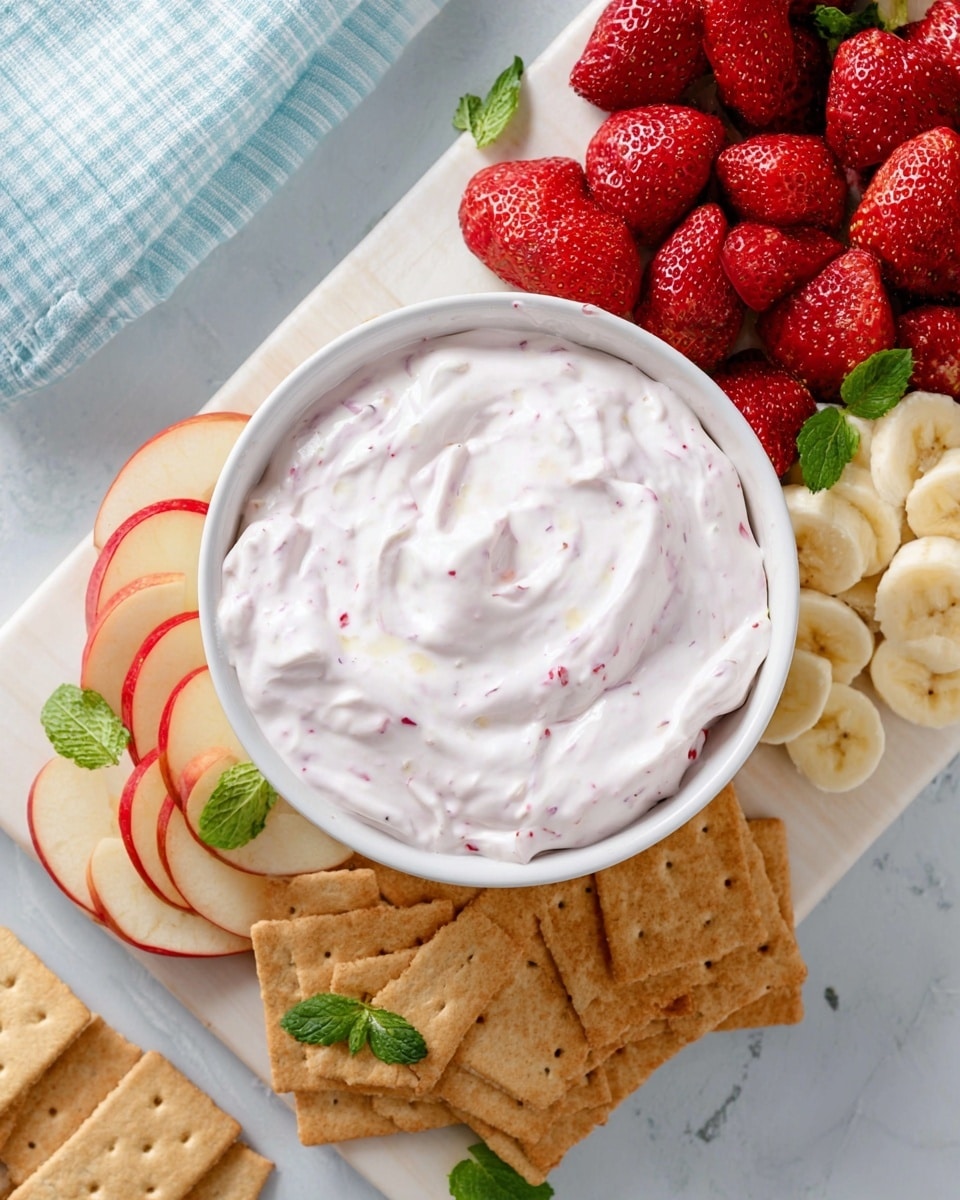 The image shows a white bowl filled with light pink creamy dip with small red specks. The bowl is placed on a white board with four layers of snacks arranged around it. Starting from the bottom left, there is a layer of red apple slices with light cream inside, followed by a layer of light brown rectangular crackers stacked neatly. Above the crackers, there is a layer of bright red halved strawberries with green leaves still attached. The top right layer has round pale yellow banana slices. A few green mint leaves are placed on the apple slices and crackers for color contrast. The background is a white marbled surface with a light blue checkered cloth in the top left corner. photo taken with an iphone --ar 4:5 --v 7